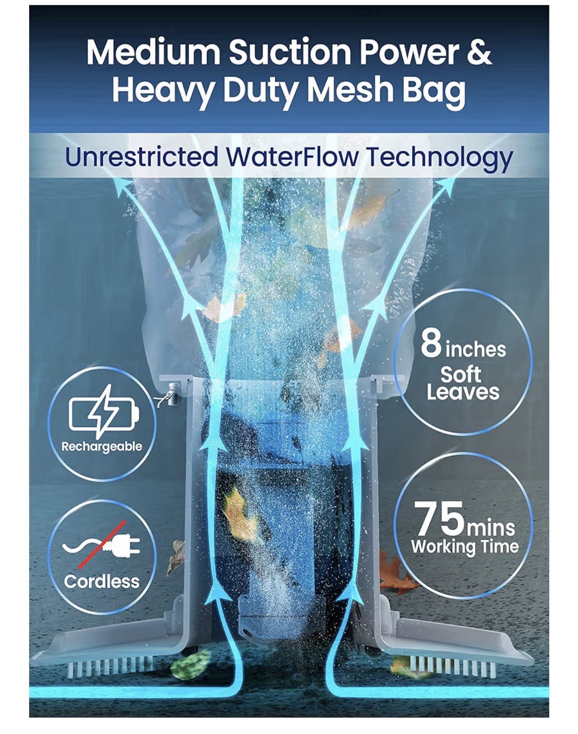 KOKIDO Rechargeable Medium Duty Pool Leaf Vacuum Cleaner, XV410 Medium duty