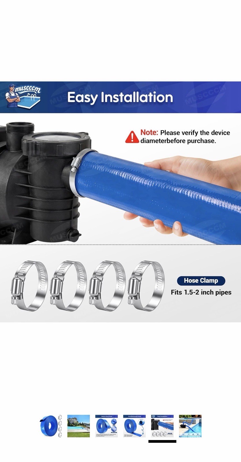 MUSCCCM Pool Hose Extension 2&Prime; x 100 Ft, Weather Resistant, 4 Clamps