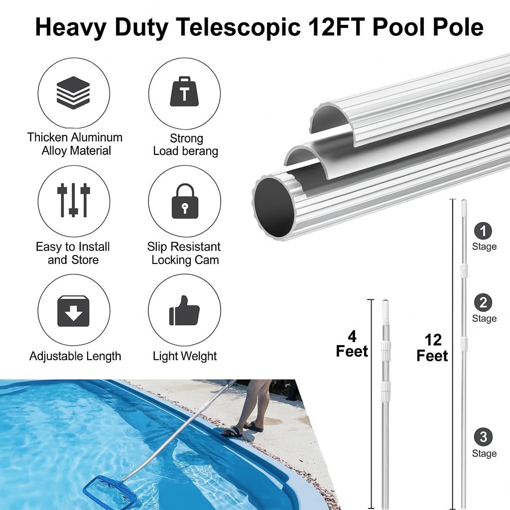 12 FT Telescoping Pool Pole – Heavy-Duty Adjustable Design for Skimmers &