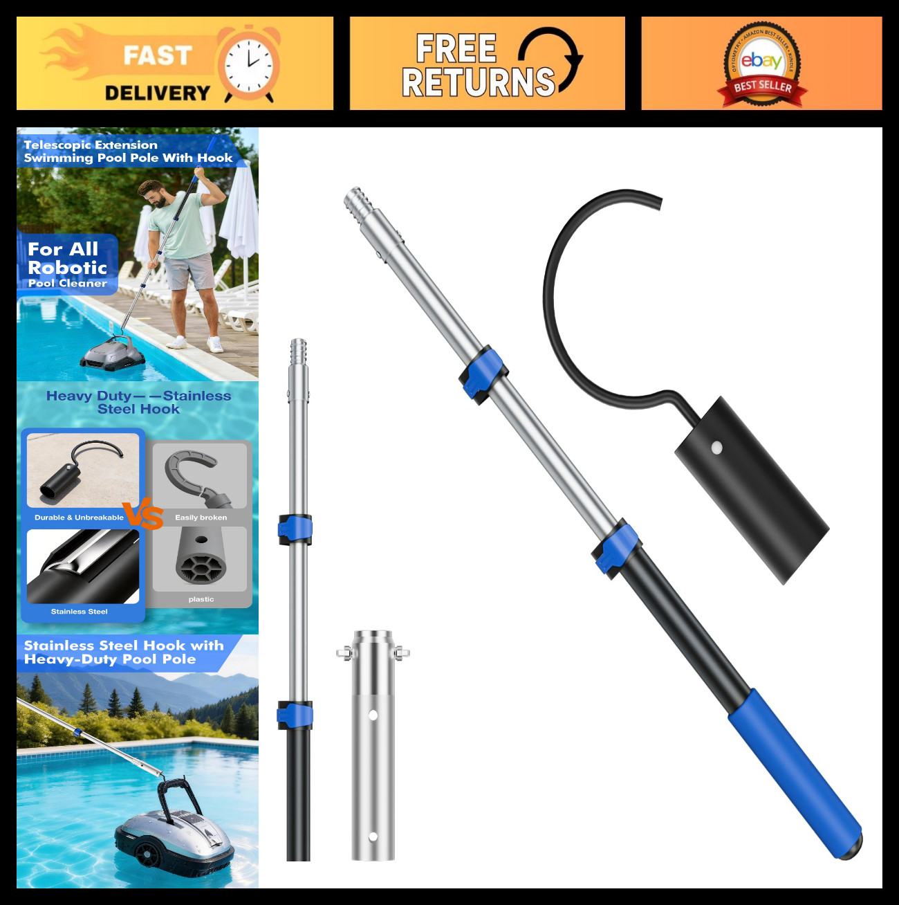 Telescopic 3FT Pool Hook with Stainless Steel, Heavy Duty Retrieval for Robotic