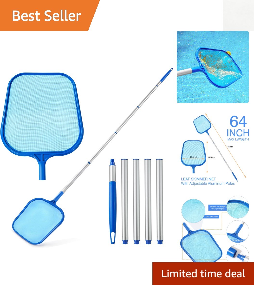 Durable Pool Skimmer Net with 5-Section Aluminum Pole – Perfect for Pools & Spas