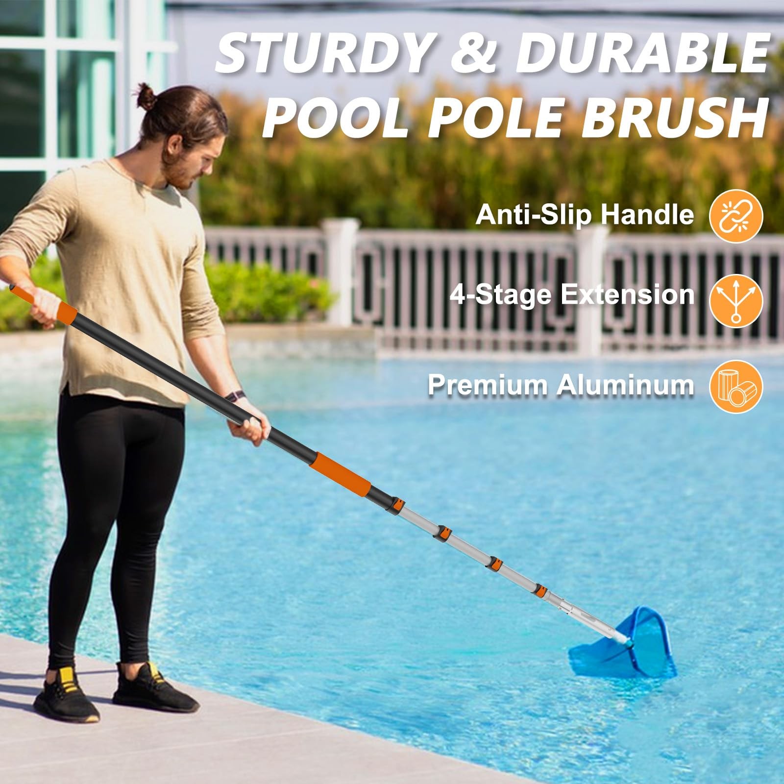16FT Telescoping Pool Pole with Brush, Heavy Duty Reinforced Aluminum Telesco…