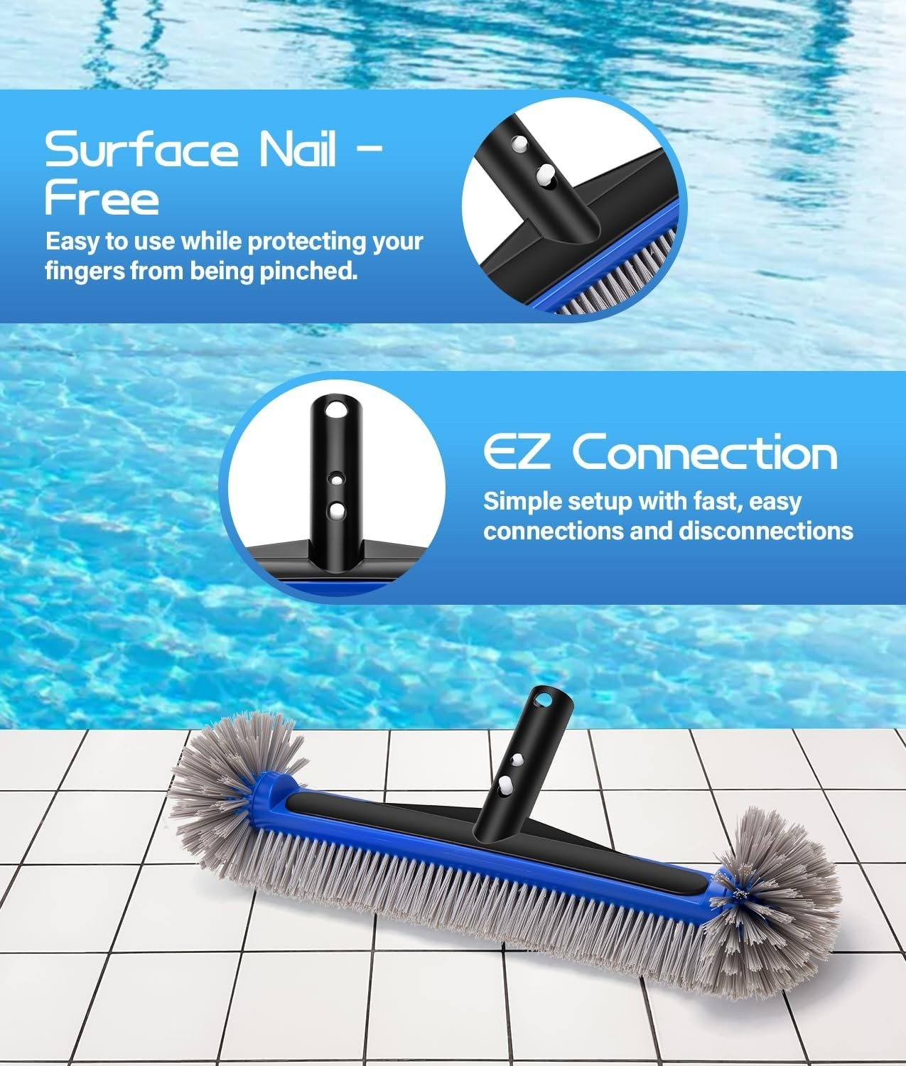 17.4 » Pool Brush Head with Aluminum Handle for Walls, Steps, Corners