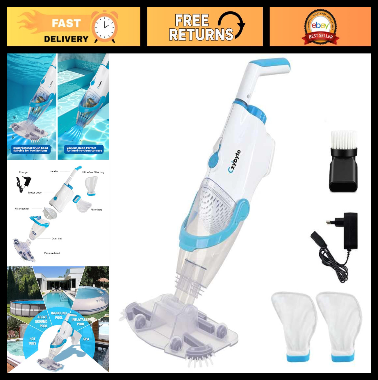 Portable Handheld Pool Vacuum Cleaner – Cordless, 18.5 GPM Suction, IPX8 Waterpr