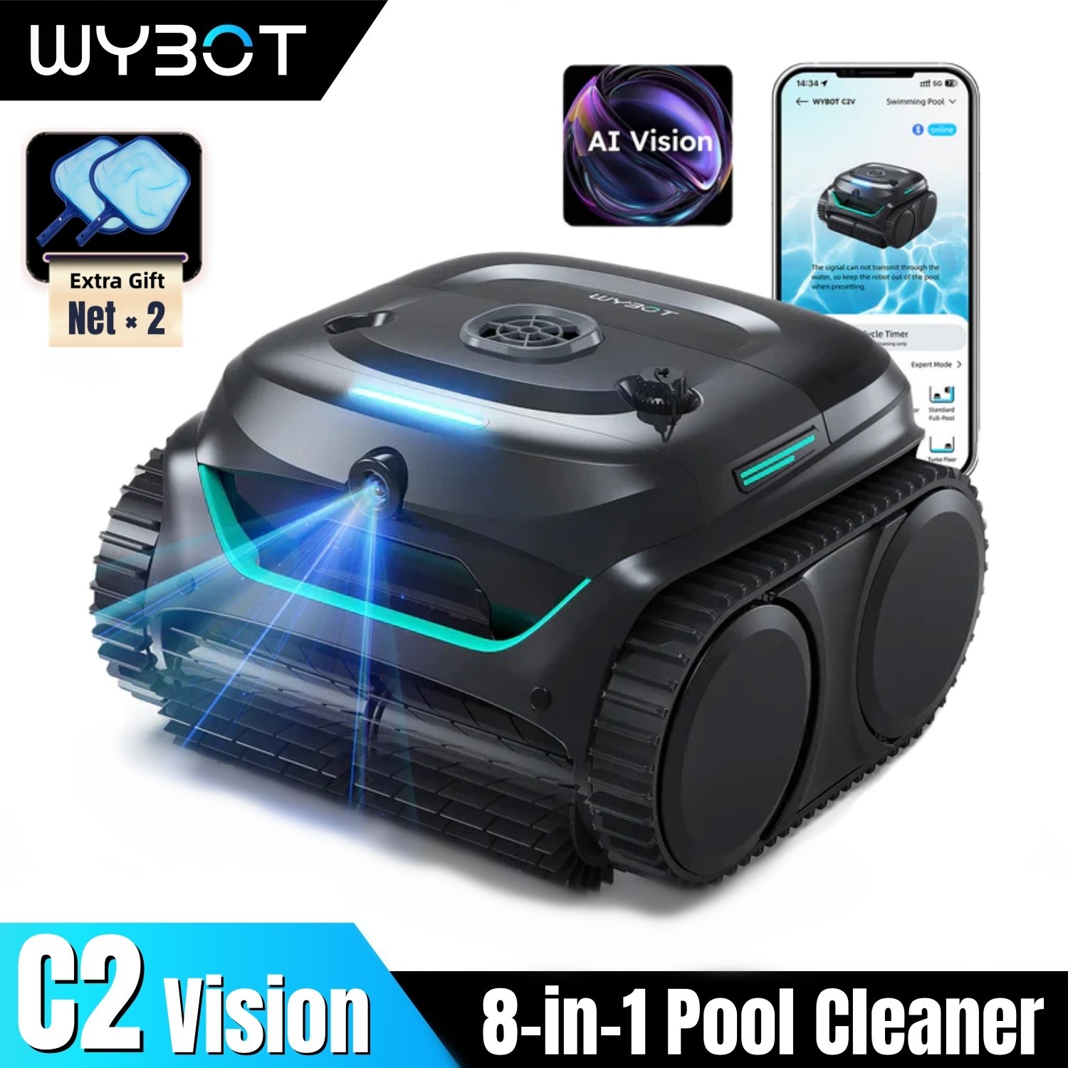 WYBOT C2 Vision Robotic Pool Cleaner Wall Climb Cordless AI Camera Pool Vacuum