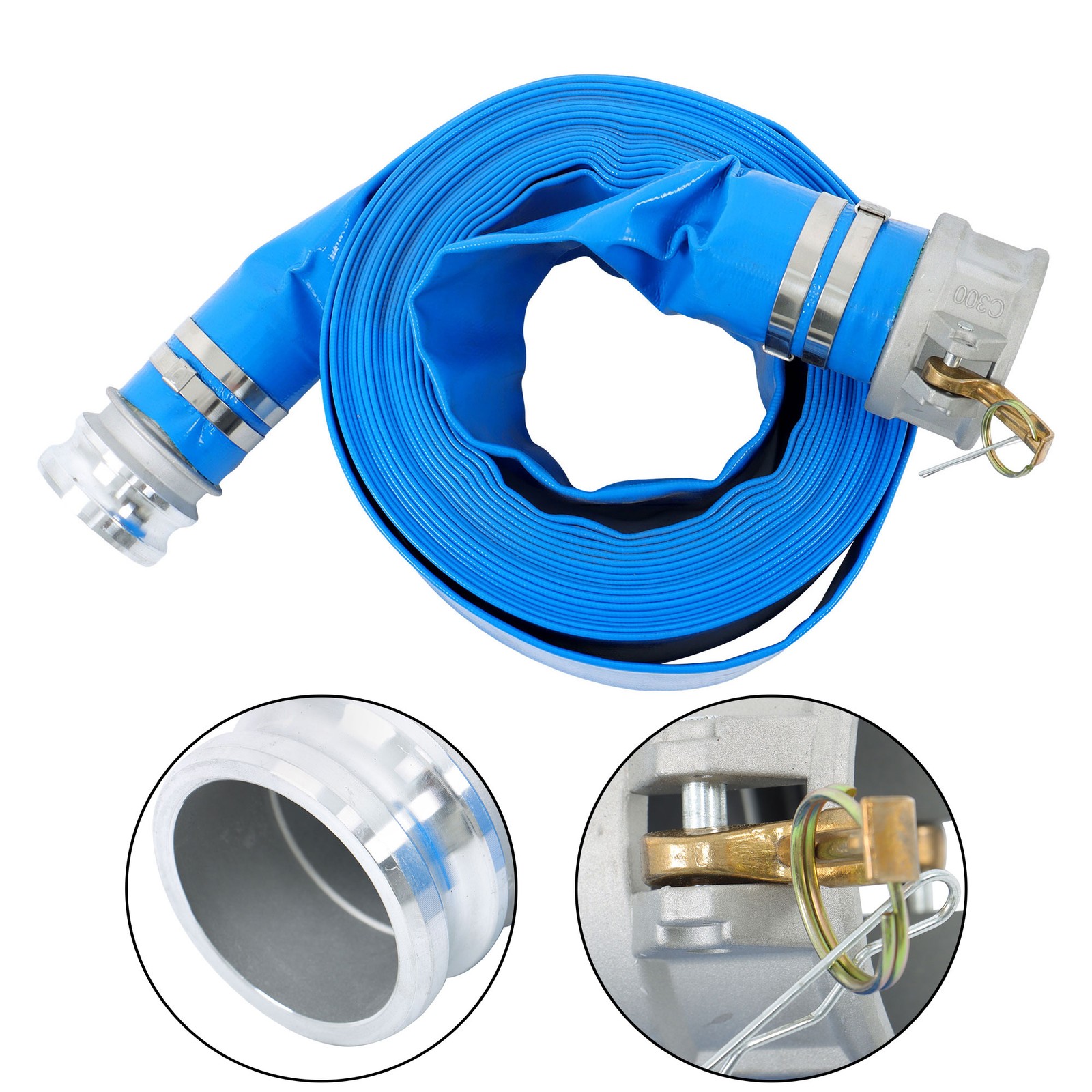 3&Prime; x 50ft Blue PVC Irrigation Discharge Hose W/Aluminum Connectors for Pools