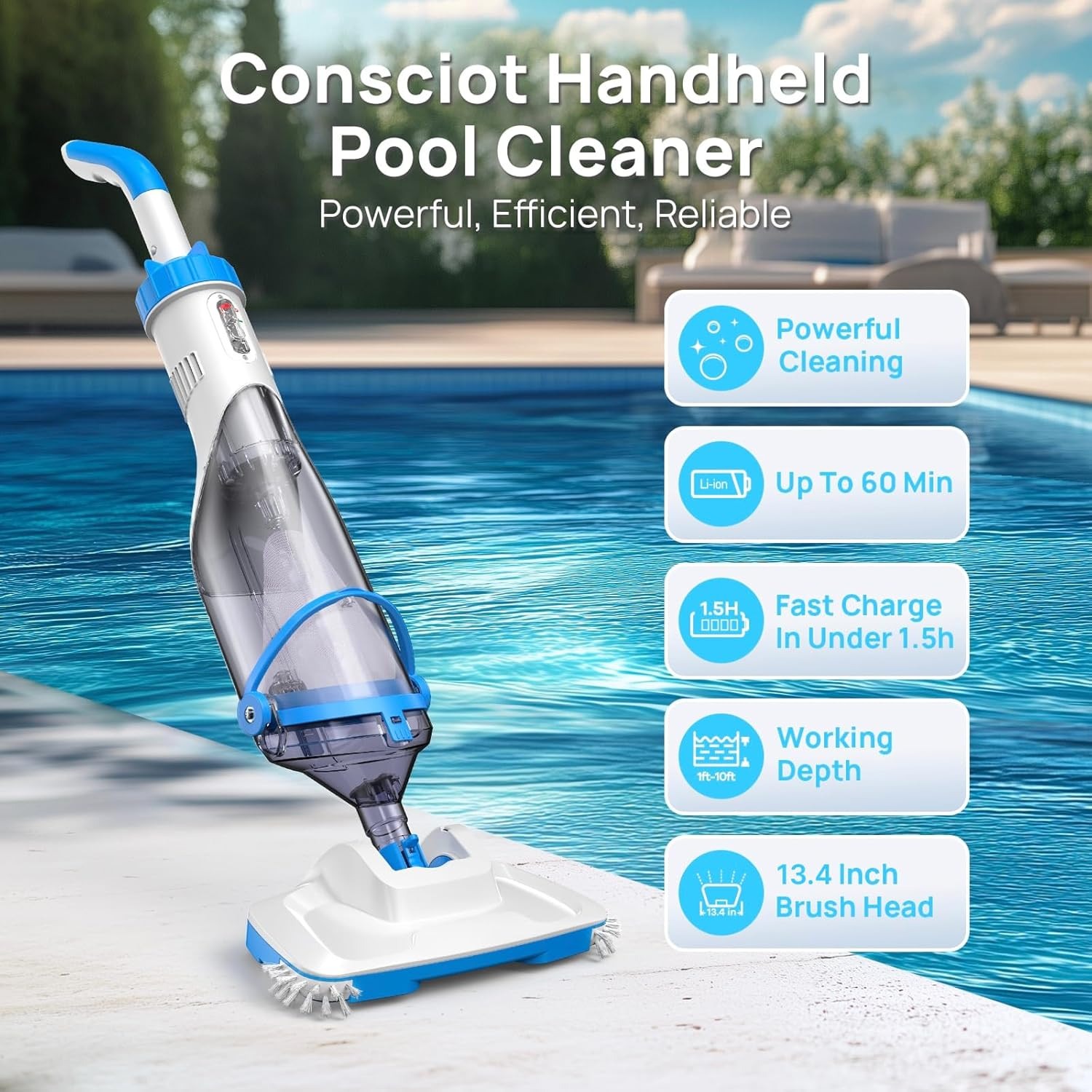 Cordless Pool Vacuum with Telescopic Pole, 60-Min Runtime, 18.5 GPM Suction