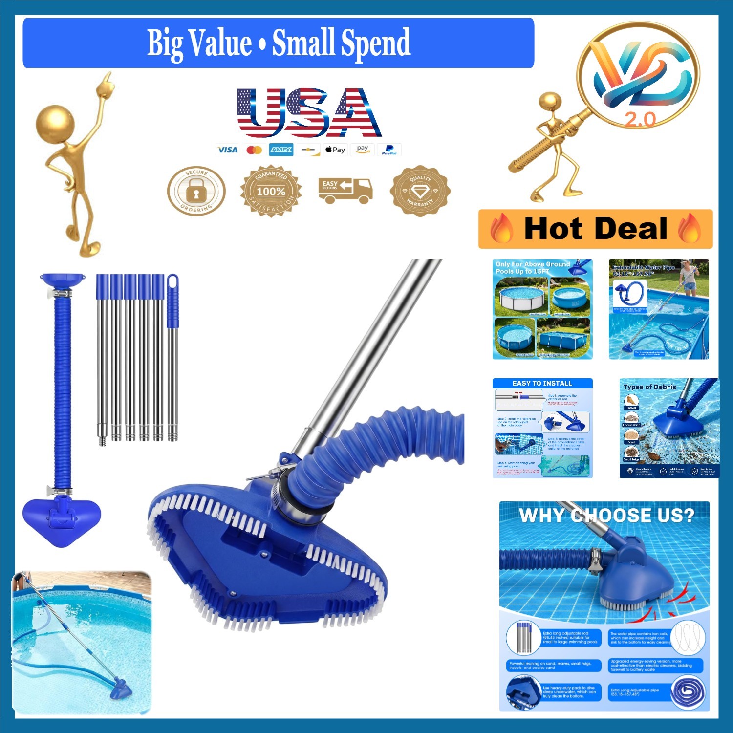 Manual Pool Vacuum Cordless Telescopic Pipe Inlet Strainer Attaches Above Ground