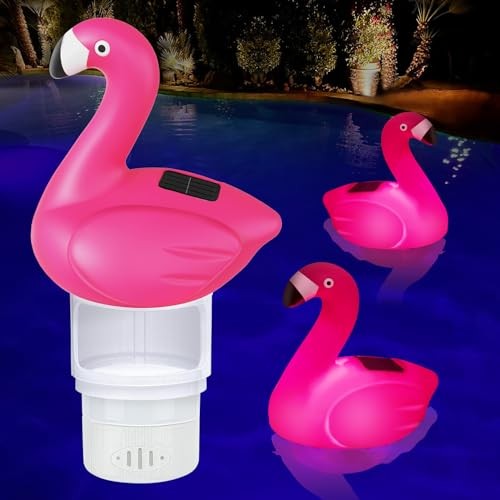 Solar Pool Chlorine Floater, Flamingo Chlorines Floater with Light, 11 in Red
