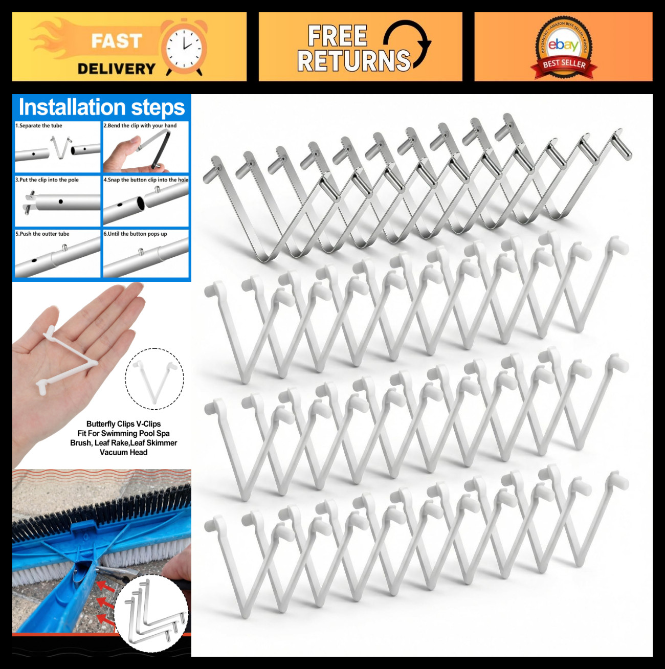 40 Pcs Pool Butterfly Clips – V Shape Universal Pole Clips for Skimmer Nets & Va