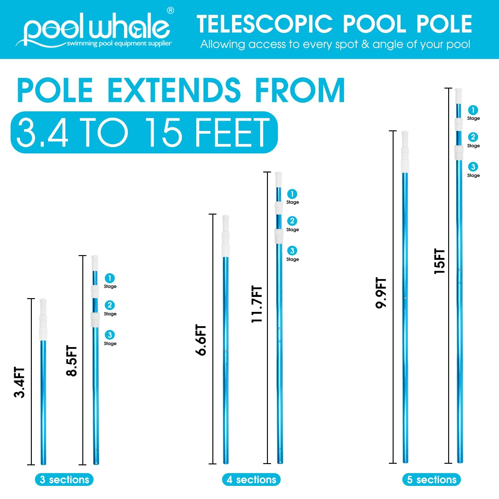 15 Foot Telescopic Pool Pole 3 Piece Extendable Cleaning Heavy Duty Blue Aluminu