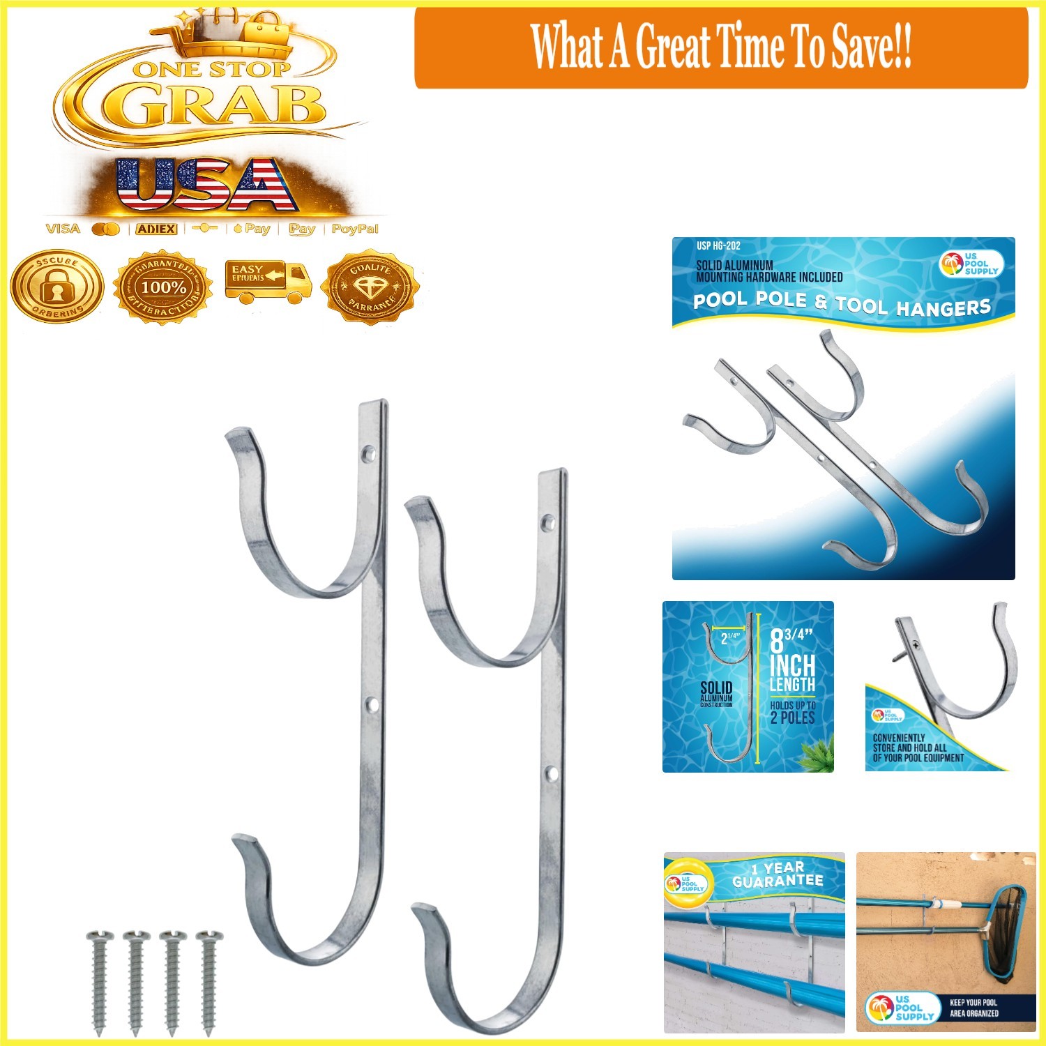2 Pack Aluminum Pool Pole Hangers Wall Mount Fence Hooks for Nets Skimmers Black