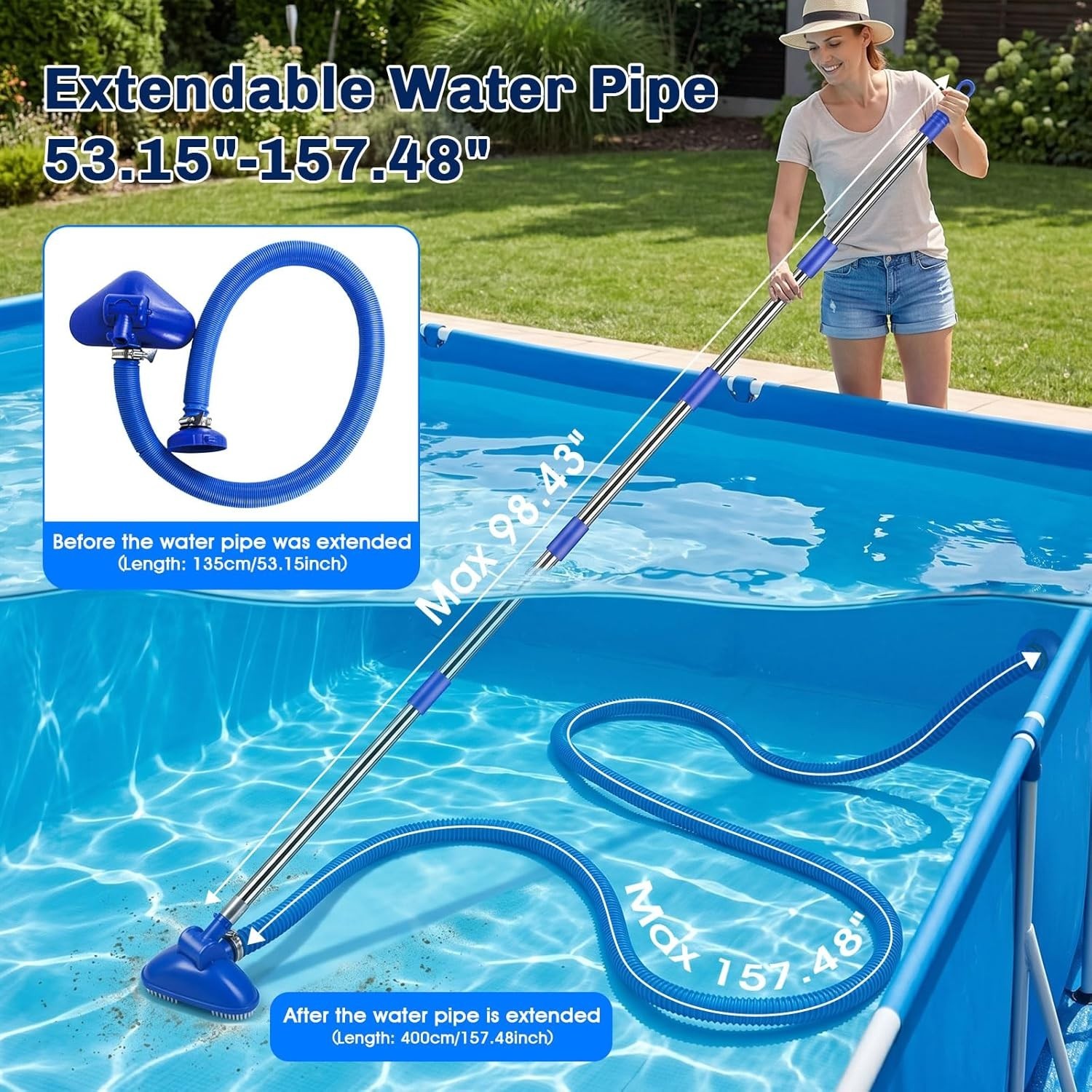 Manual Pool Vacuum Cordless Telescopic Pipe Inlet Strainer Attaches Above Ground