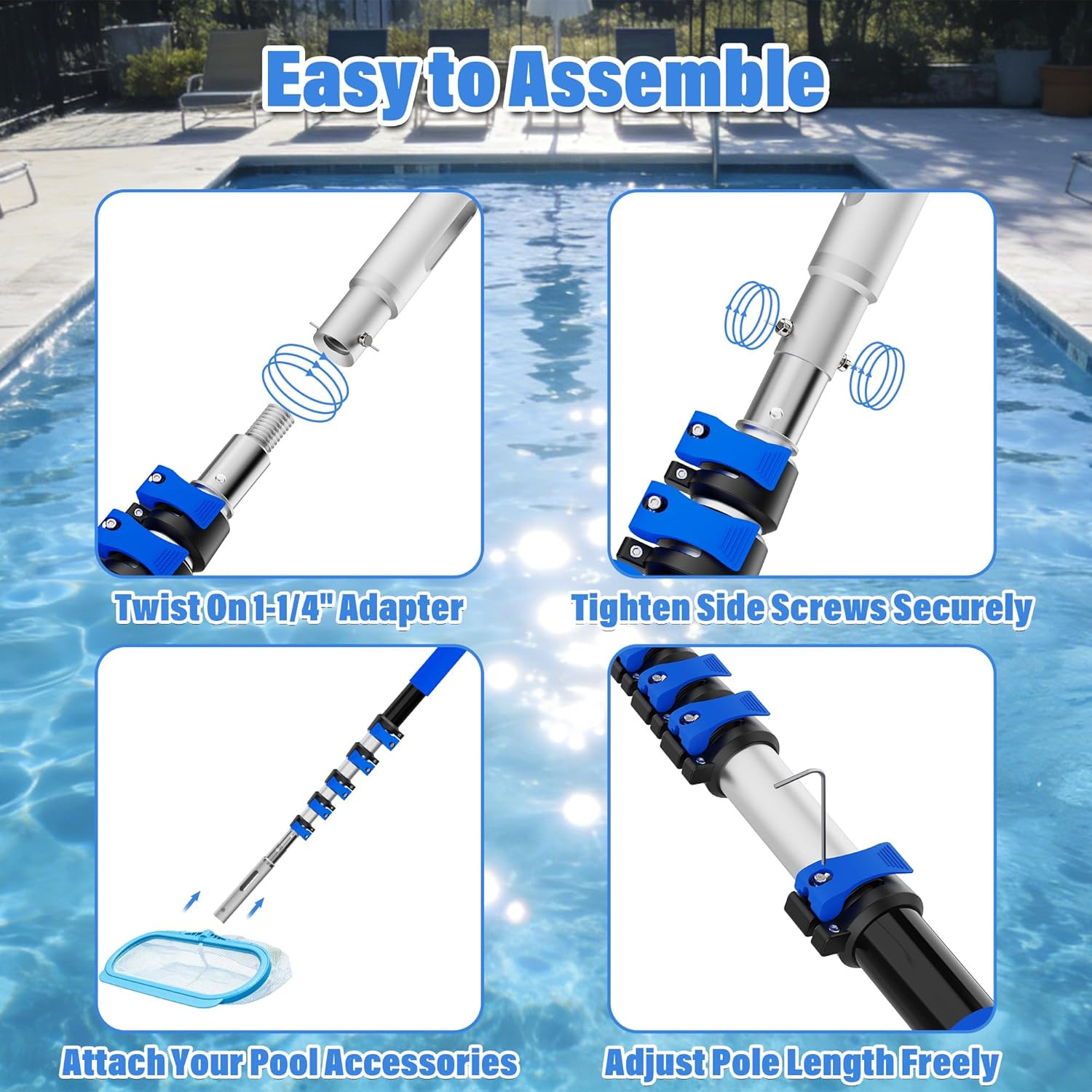 Pool Pole, 3-12FT Telescoping Swimming Pool Cleaning Pole, Upgraded Aluminum Ext