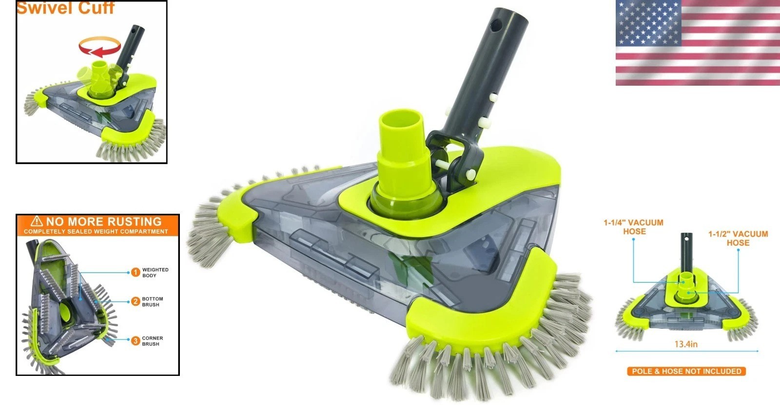 Vinyl Liner Safe Pool Vacuum Head with Corner Brush for Comprehensive Cleaning