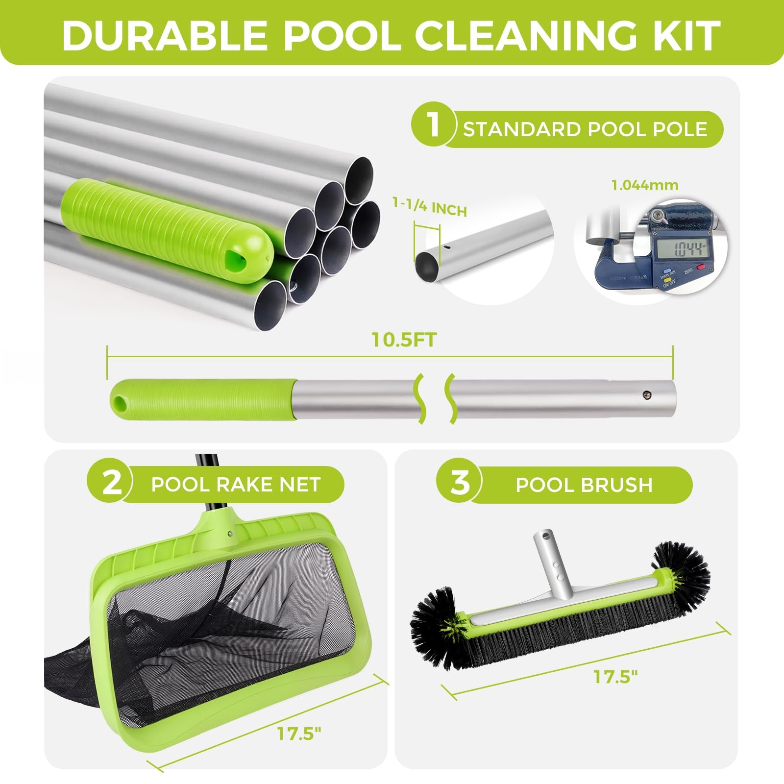 Swimming Pool Cleaning Kit with 10.5Ft Adjustable Aluminum Pole, 17.5&Prime; Rounde…