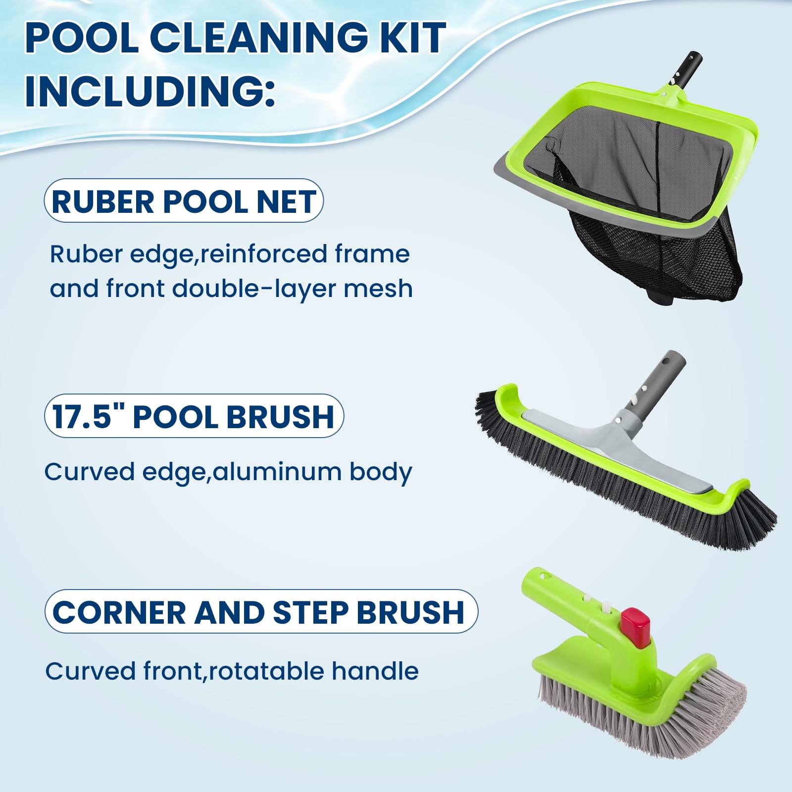 3-Piece Pool Cleaning Kit -Pool Skimmer Net, 17.5&Prime; Aluminum Pool Wall Brush & 90