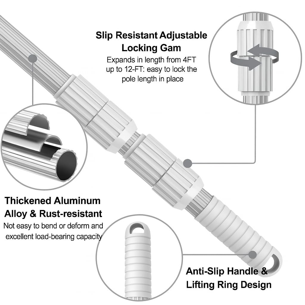 12 FT Telescoping Pool Pole – Heavy-Duty Adjustable Design for Skimmers &