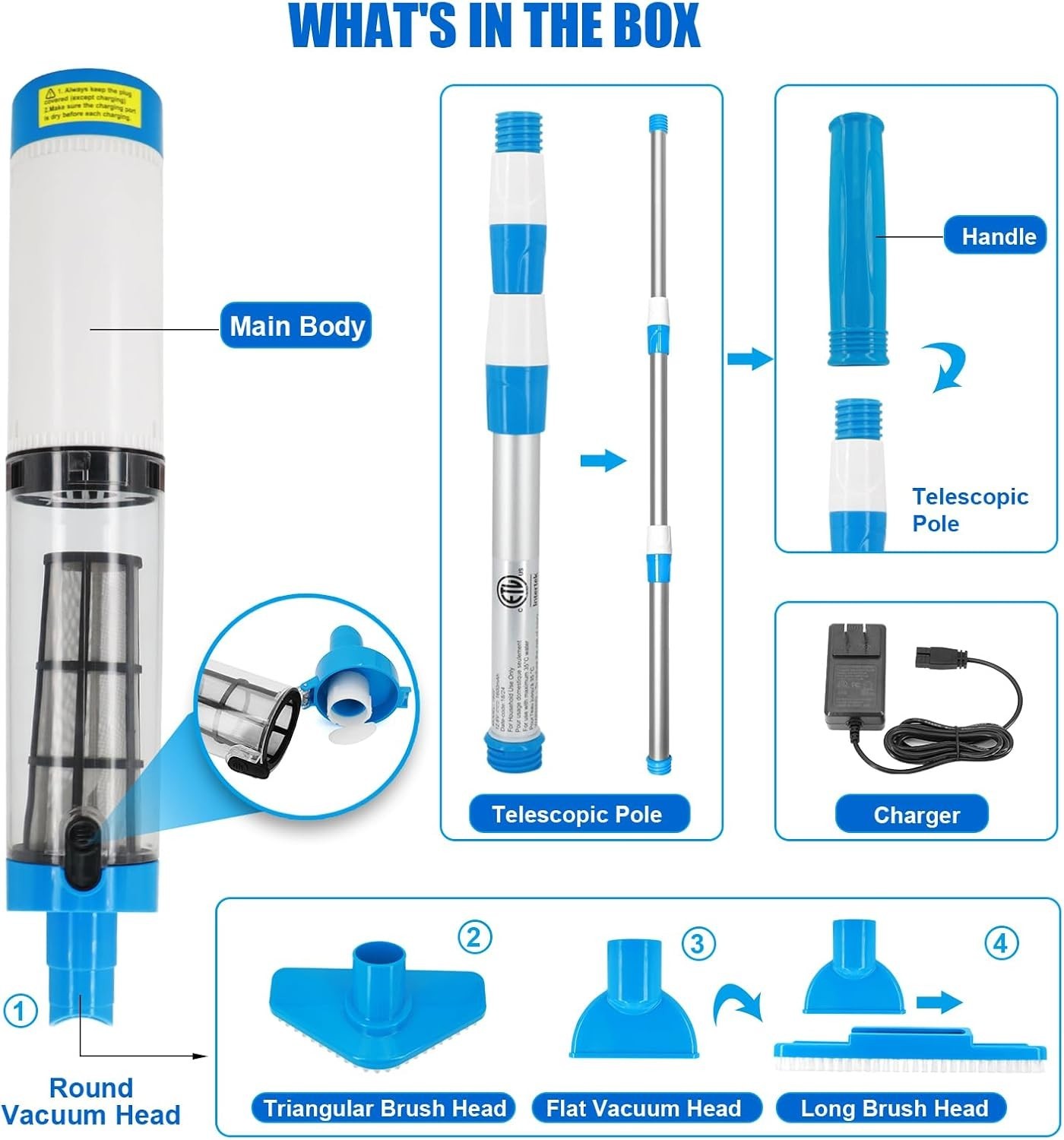 Handheld Pool Vacuum with Telescopic Pole, 3 in 1 Cordless Rechargeable Pool …