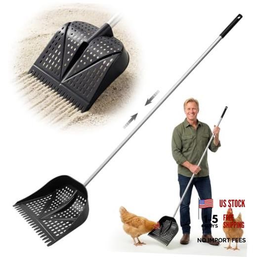 Heavy-Duty Yet Lightweight Chicken Poop Scooper & Rake 2-in-1, Adjustable Black
