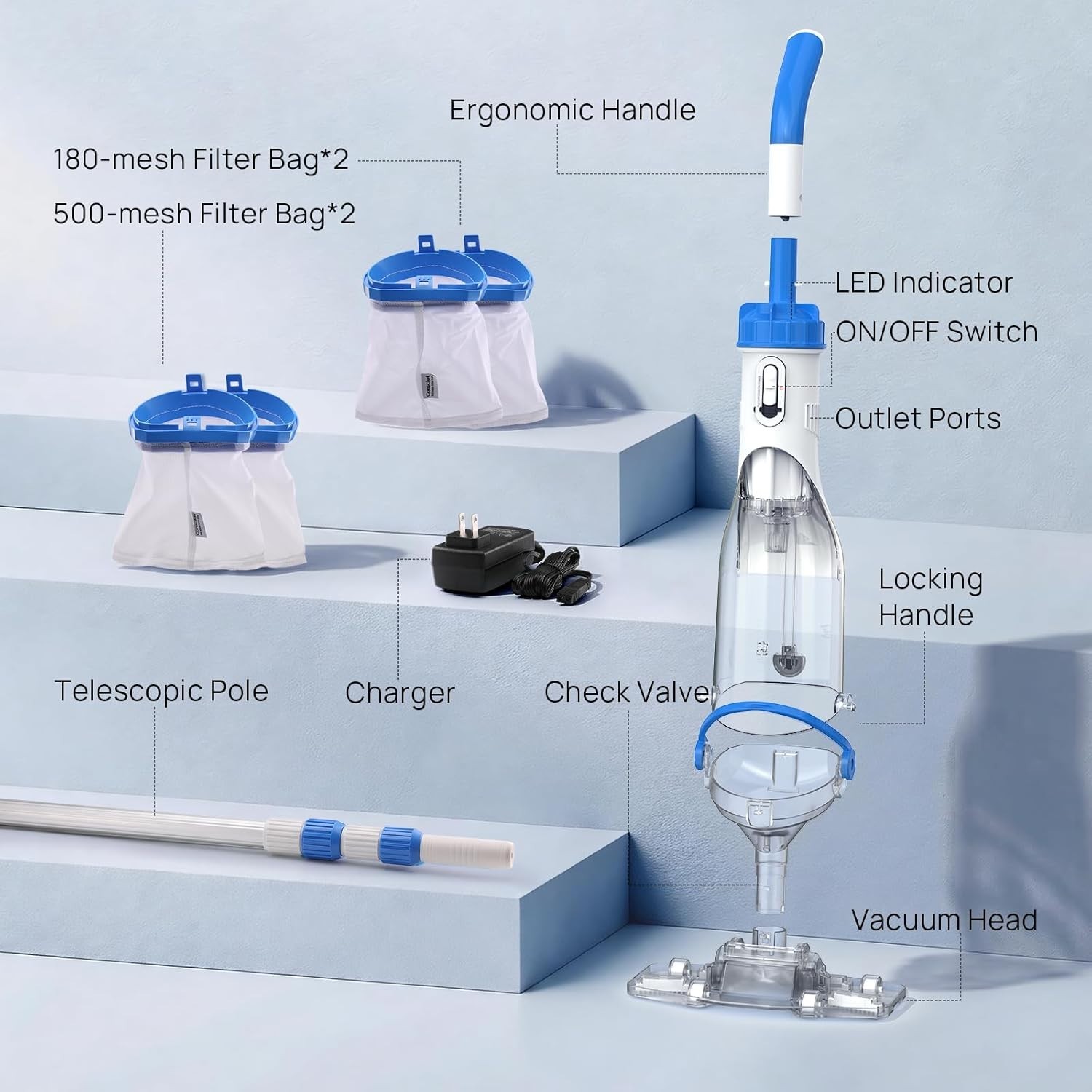 Cordless Rechargeable Pool Vacuum with 1110 GPH Suction, Telescopic Pole 87.5&Prime;