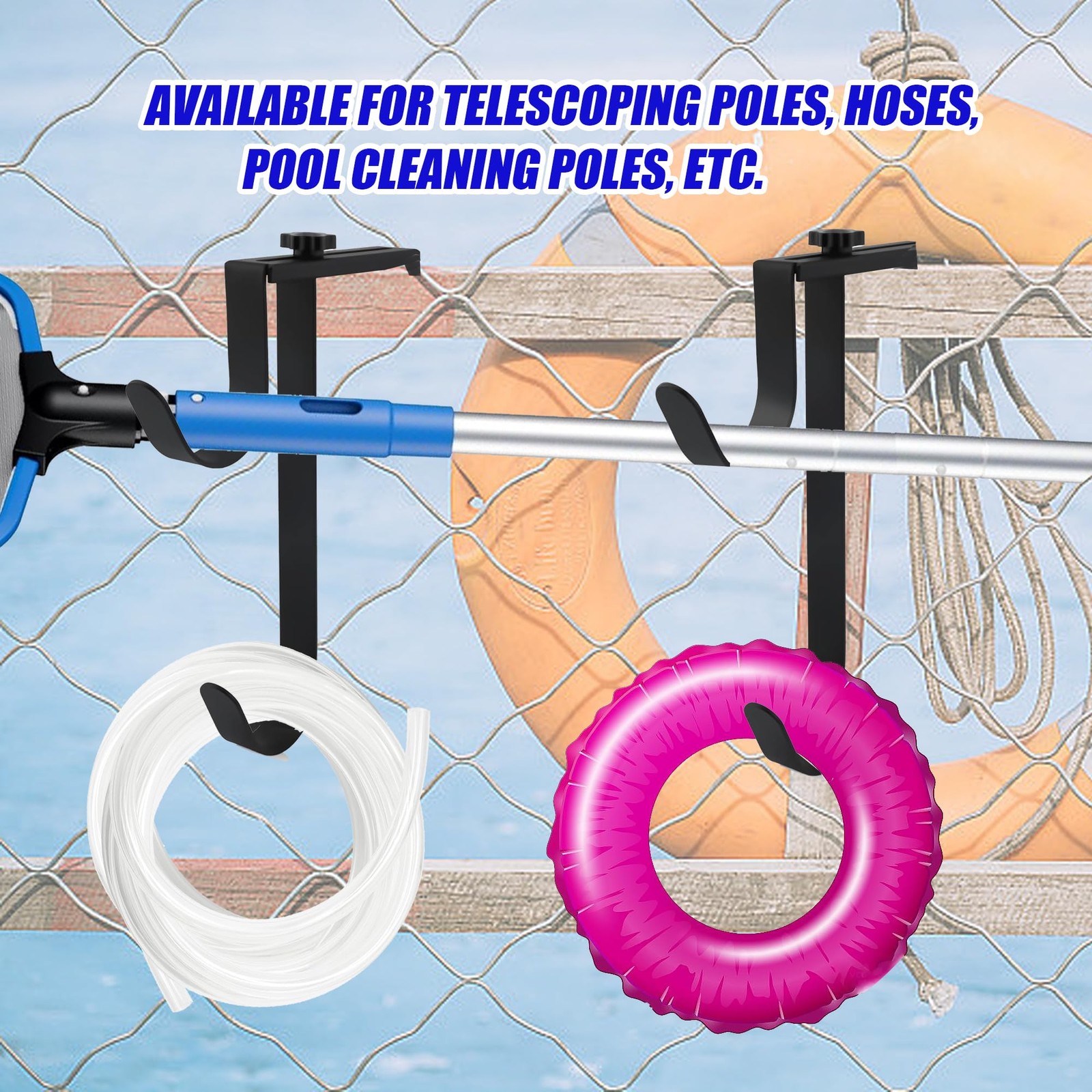 Metal Pool Pole Hangers for Above Ground Pool, Adjustable Double Hooks for Po…