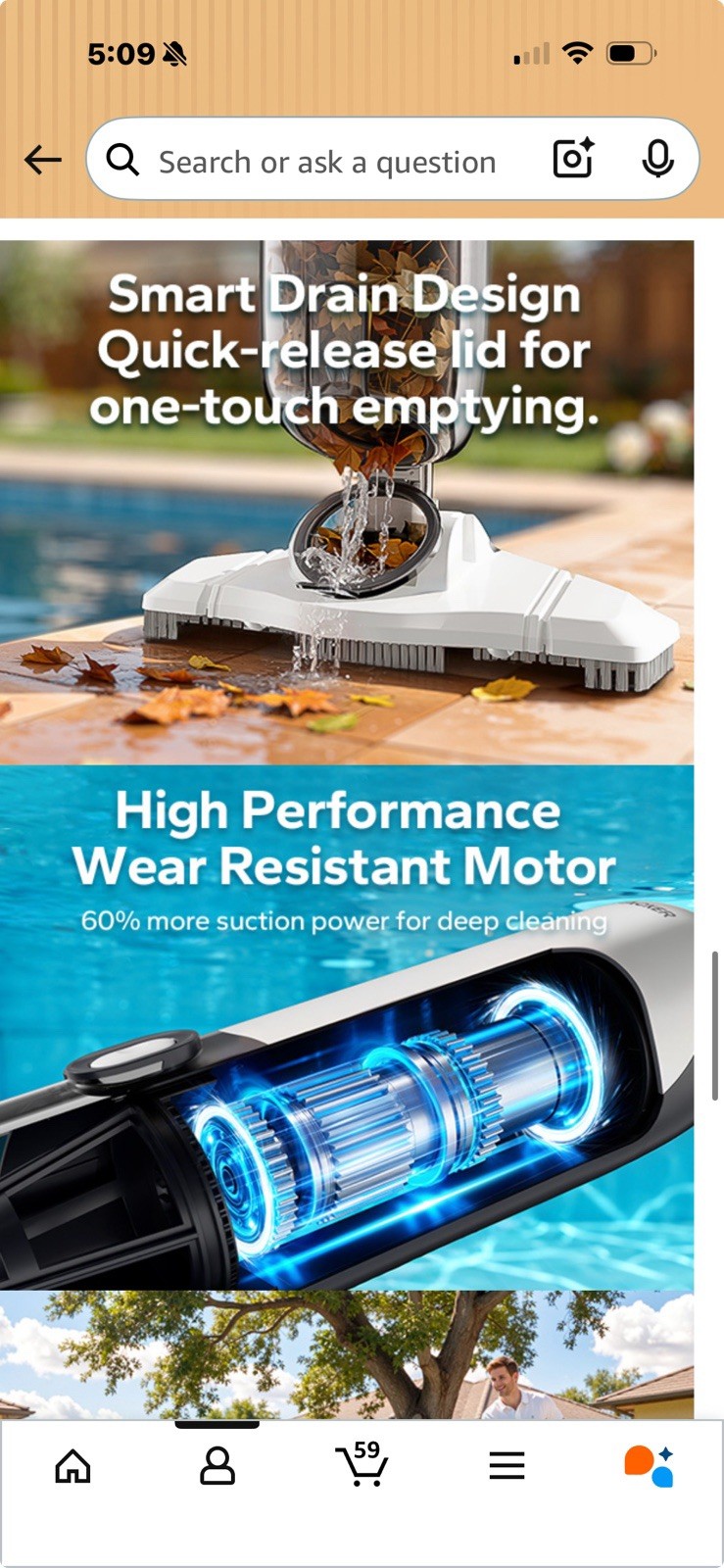POOLHACKER Cordless Handheld Pool Vacuum, 60 min Runtime, High Flow Filtration