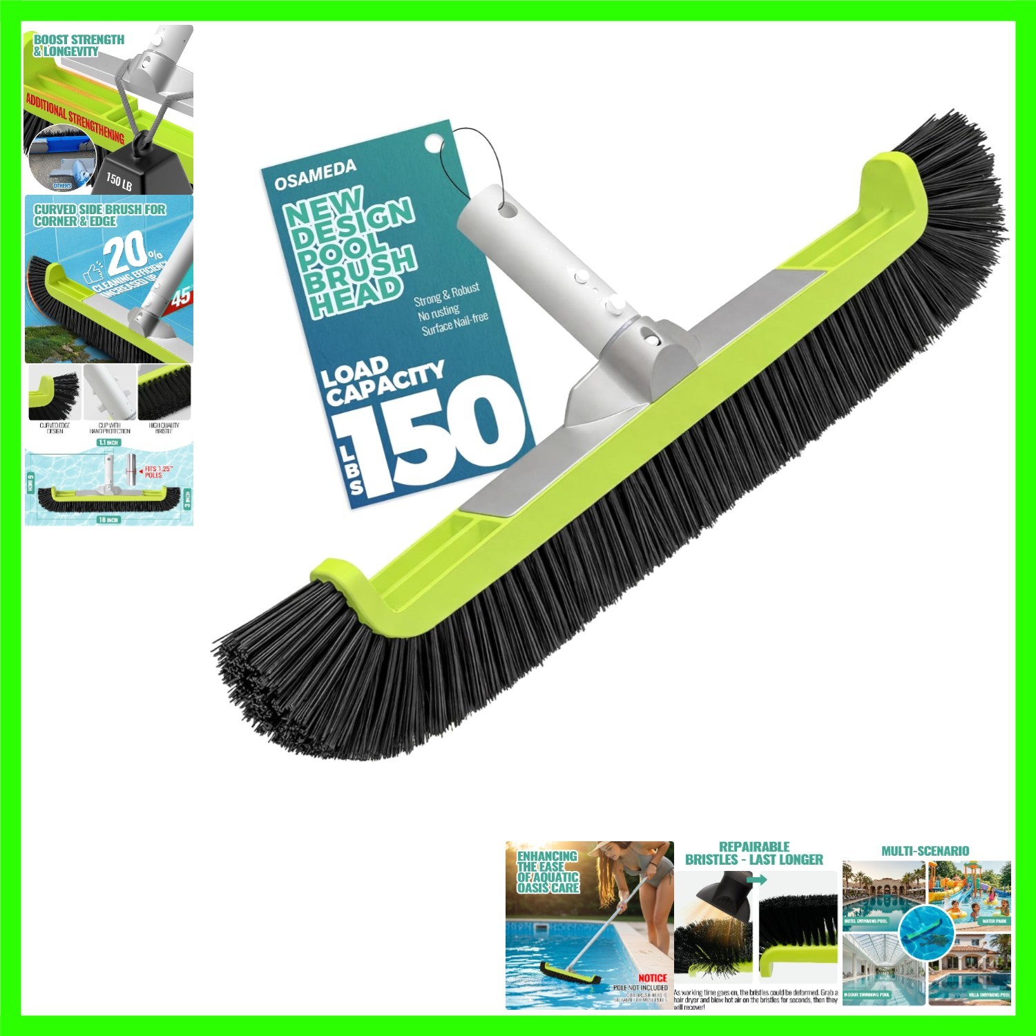18&Prime; Pool Brush Head for Cleaning Swimming Pool Walls, Curved Ends High-Effici…