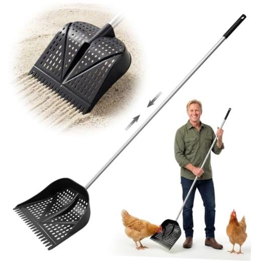 Heavy-Duty Yet Lightweight Chicken Poop Scooper & Rake 2-in-1, Adjustable Black