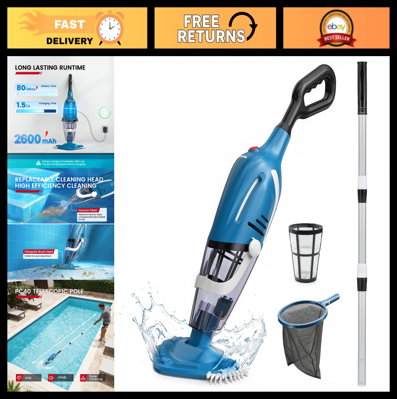 Cordless Pool Vacuum with Net, 80 Min Runtime, 18.5 GPM Suction, Telescopic Pole
