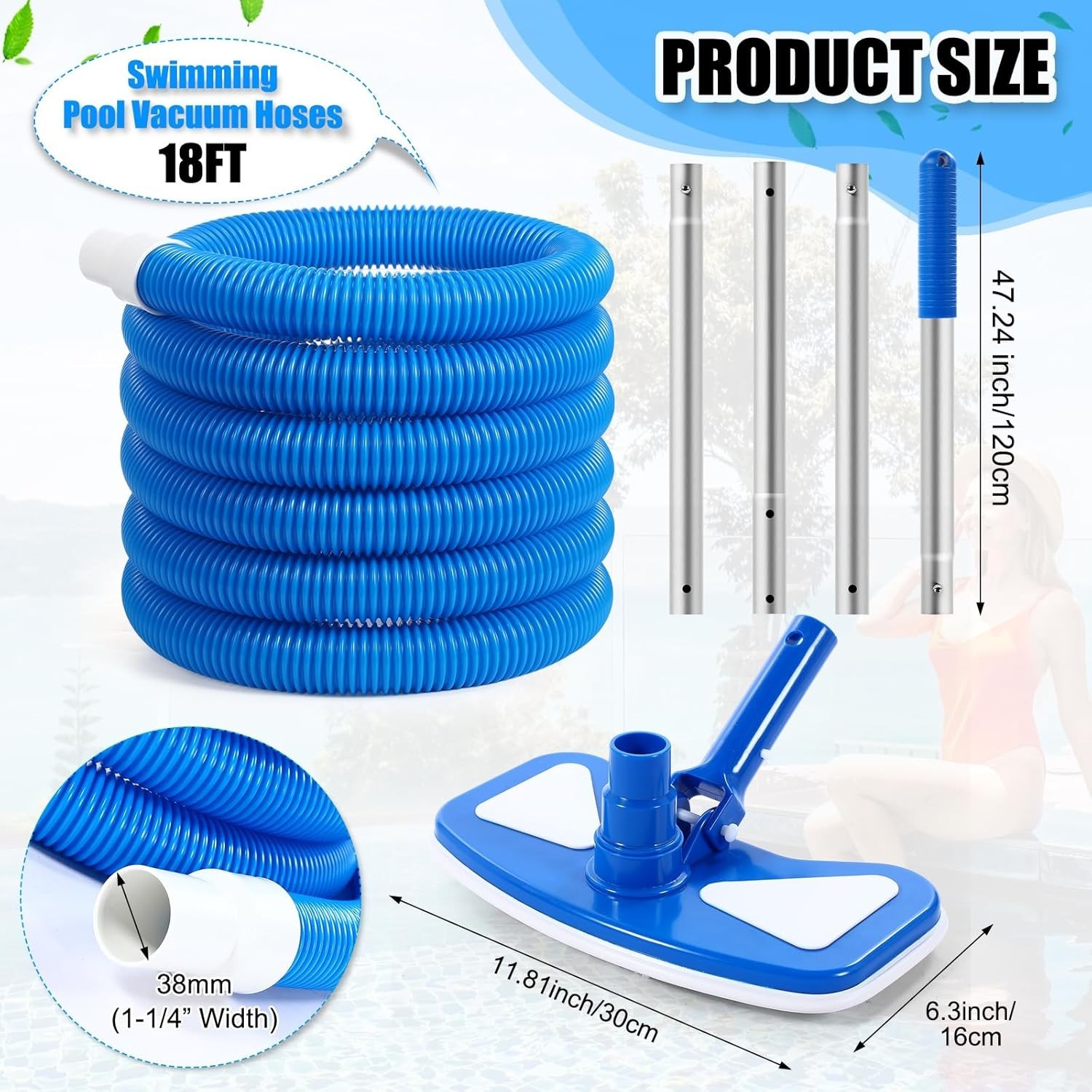 3-Piece Pool Vacuum Kit with Adjustable Pole & 18ft Hose – Clean Effortlessly