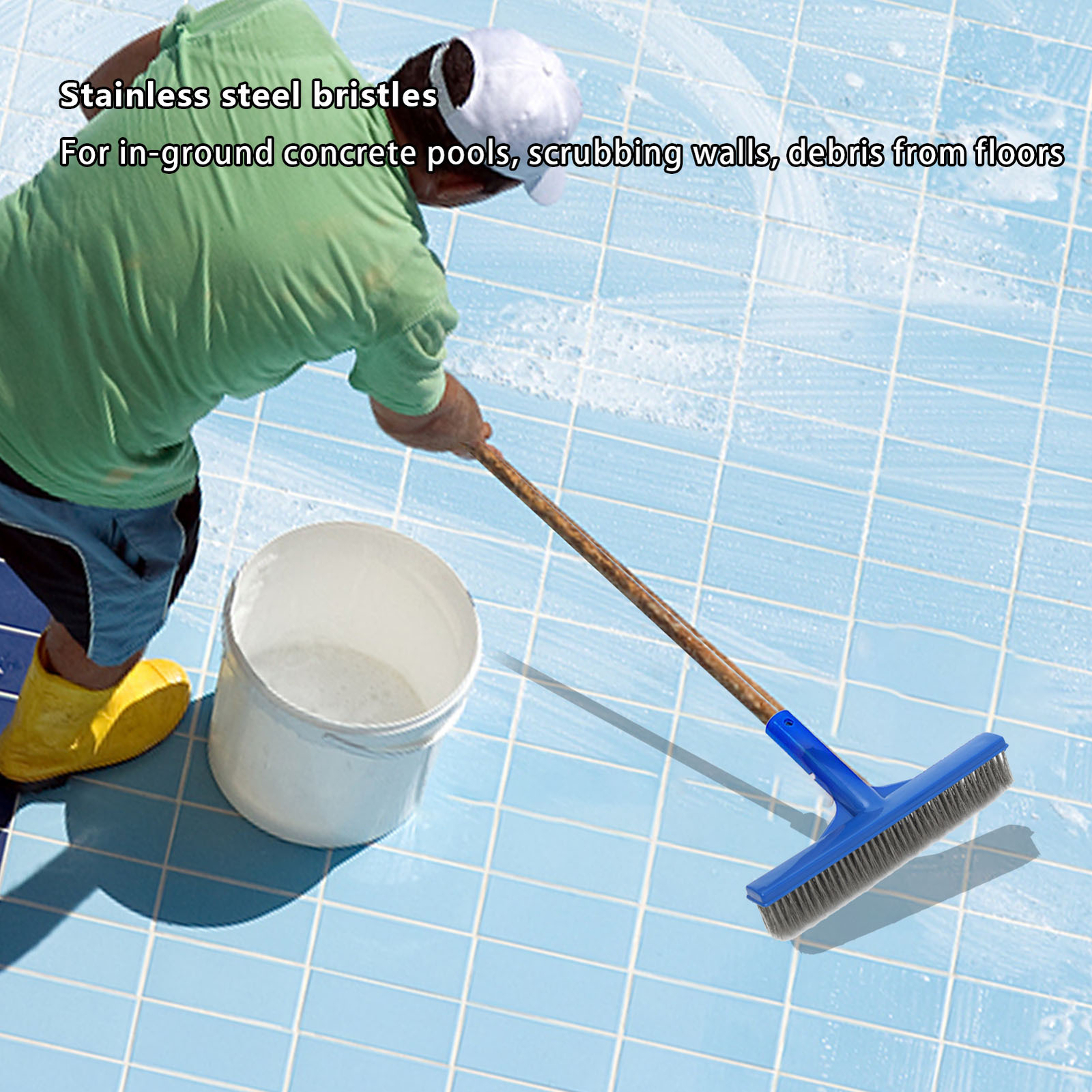 Wire Pool Brush 10 inch Stainless Steel Easy Pushing Cleaning Angled At 45°