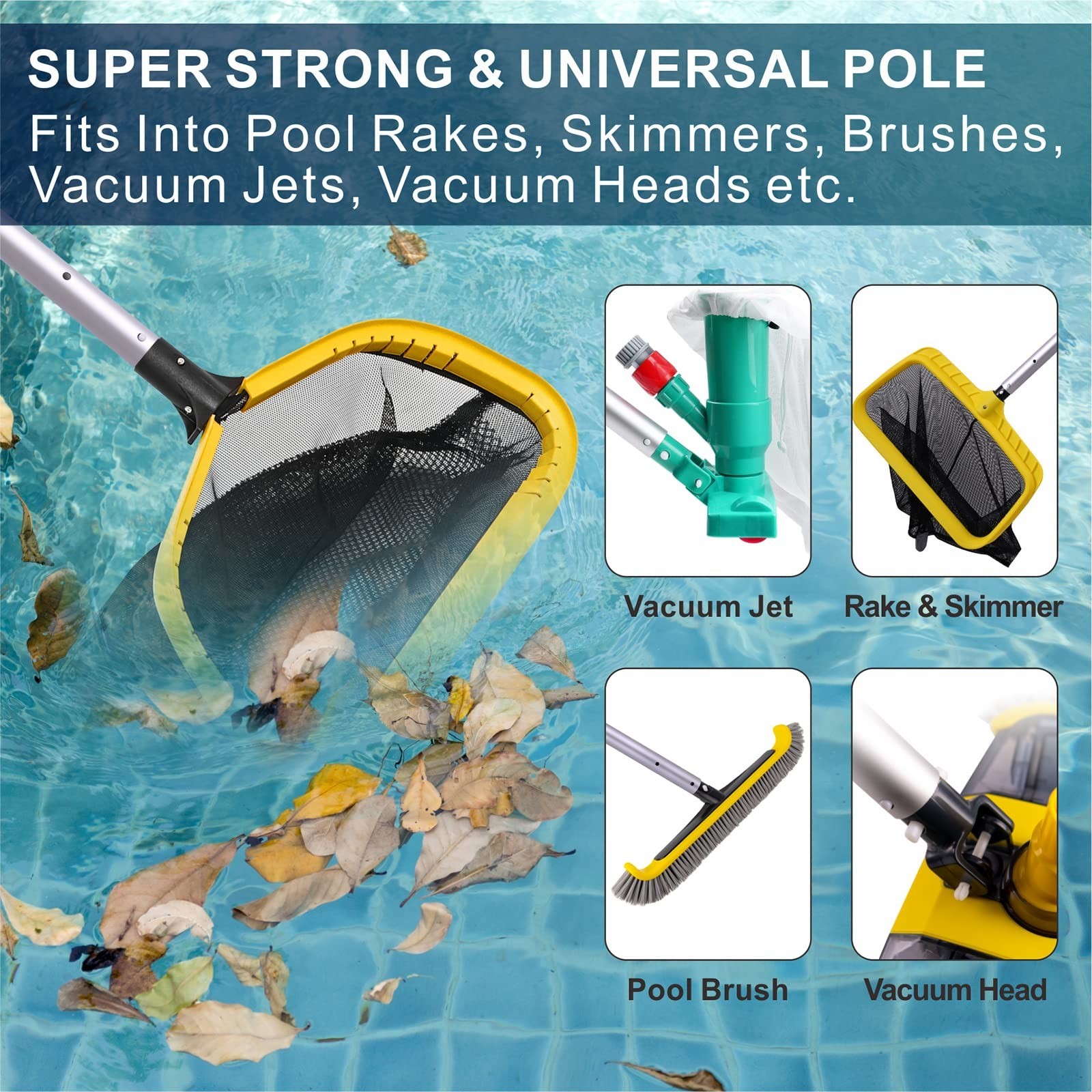 16ft Heavy Duty Detachable Pool Cleaning Pole – Anodized Aluminum, Double Grip,
