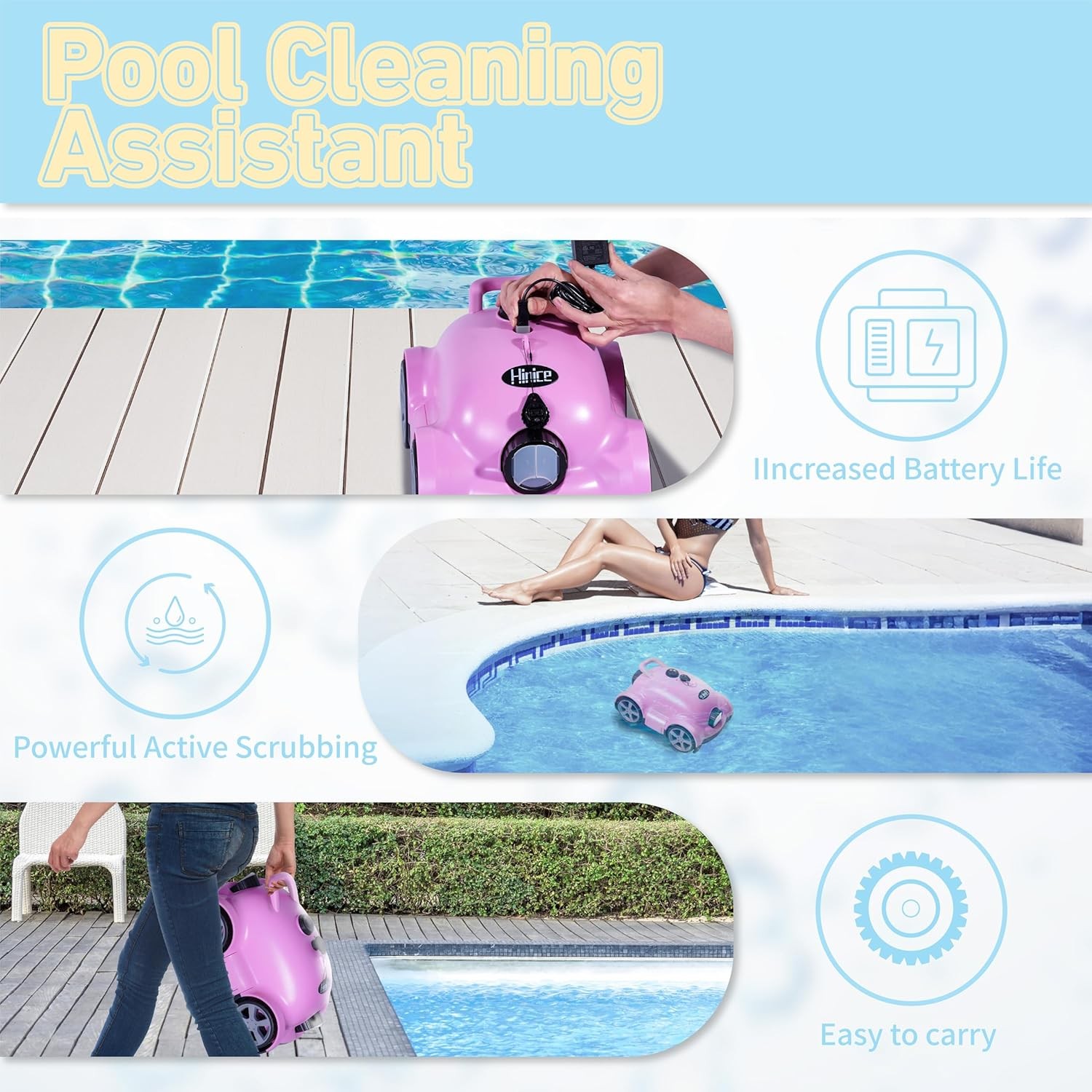 Cordless Wall Climbing Robotic Pool Cleaner for 2200 Sq Ft In-Ground Pools Pink
