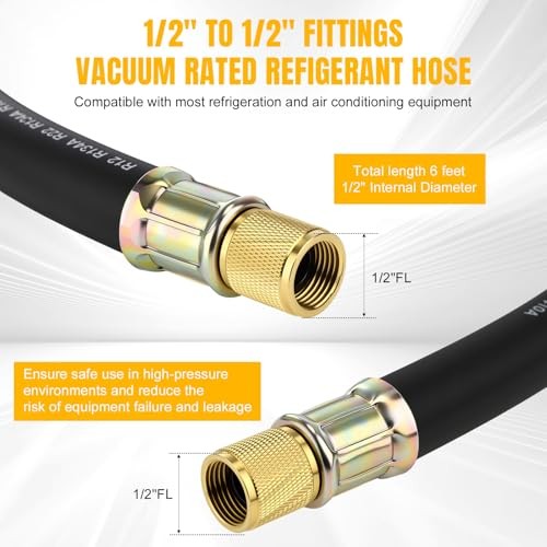 HVAC Refrigerant Charging Vacuum Hose, 6 ft, 800 PSI 1/2&Prime; to 1/2&Prime; Fittings