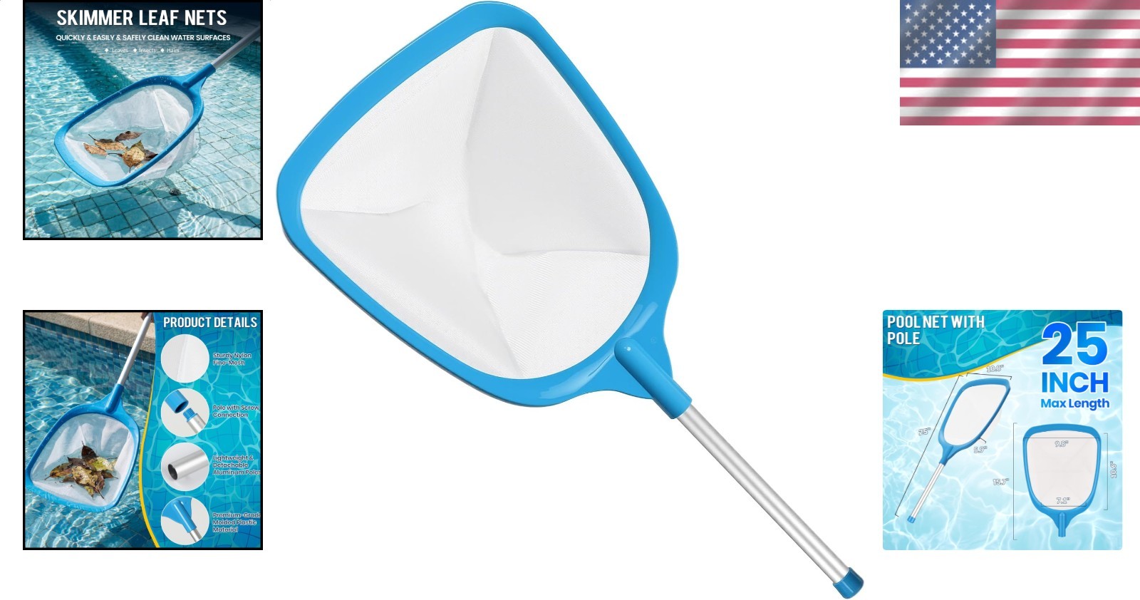 Pool Skimmer Net Fine Mesh Leaf Rake Cleaner with Pole for Pools