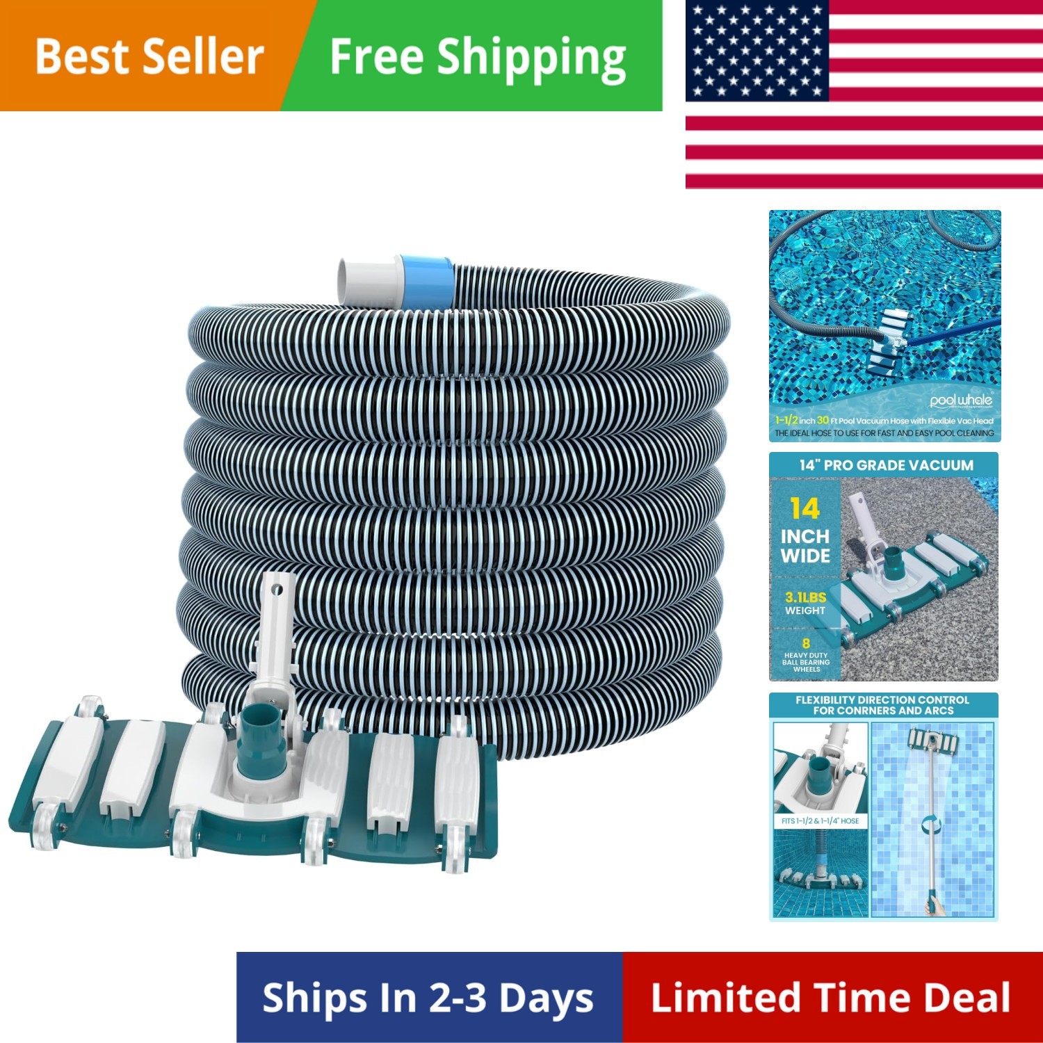 Professional 1-1/2-Inch x 30-Feet Swimming Pool Vacuum Hoses and Weighted Rot…