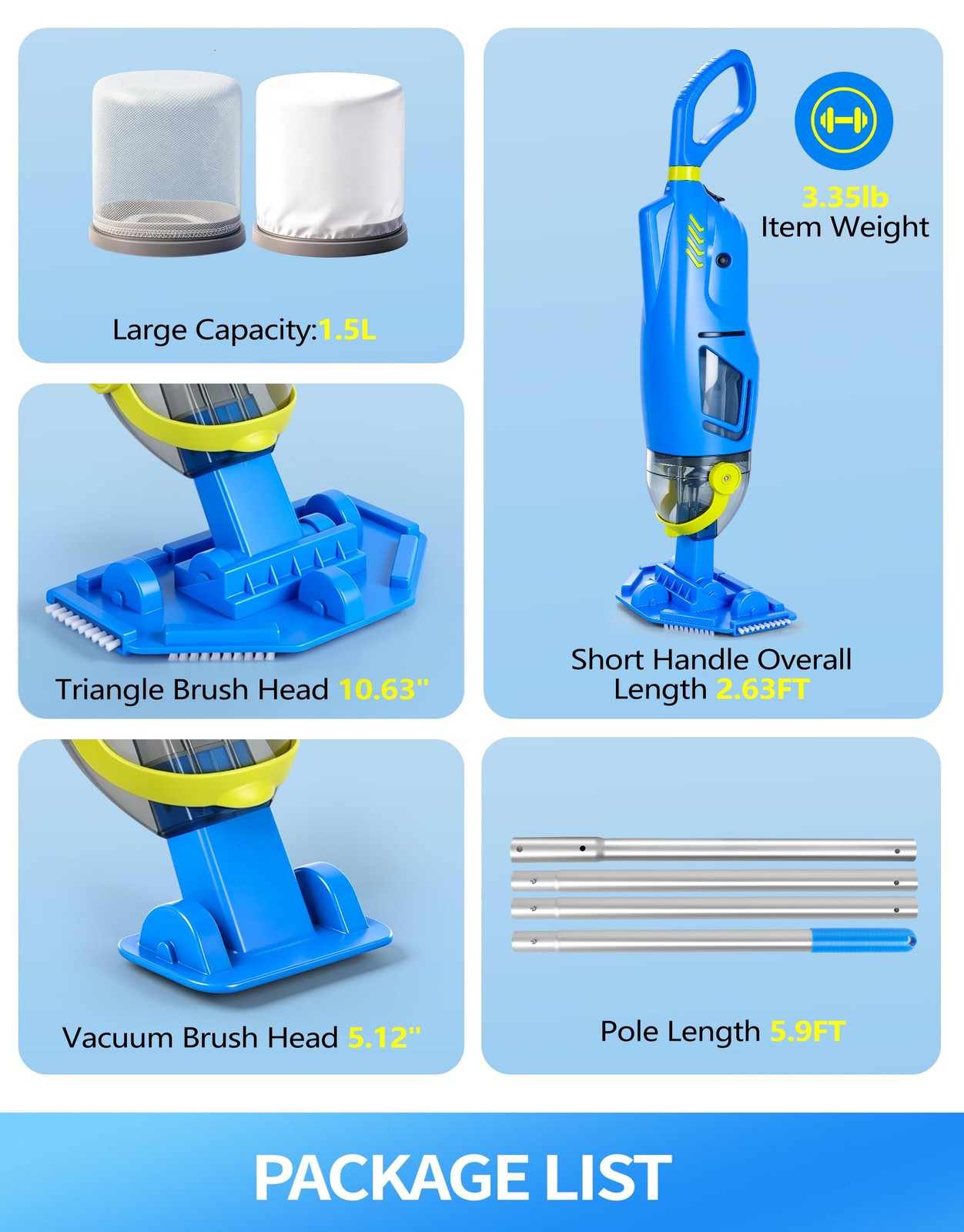 Cordless Pool Vacuum for Inground Pools | 20.5 GPM Powerful Suction, 2 Brush Hea