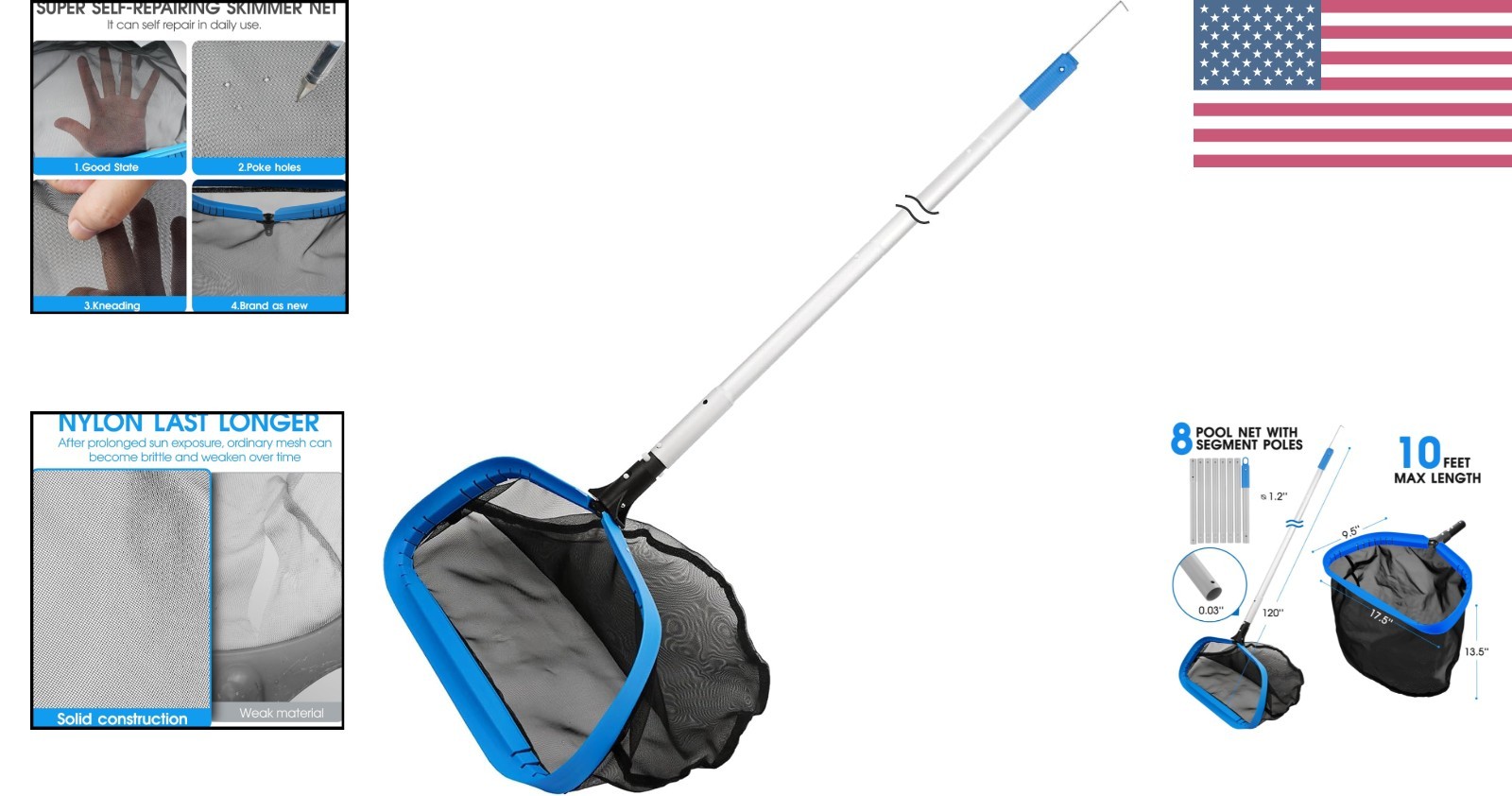 17.5 » Pool Skimmer Net with 10ft Adjustable Aluminum Pole & Hidden Hook