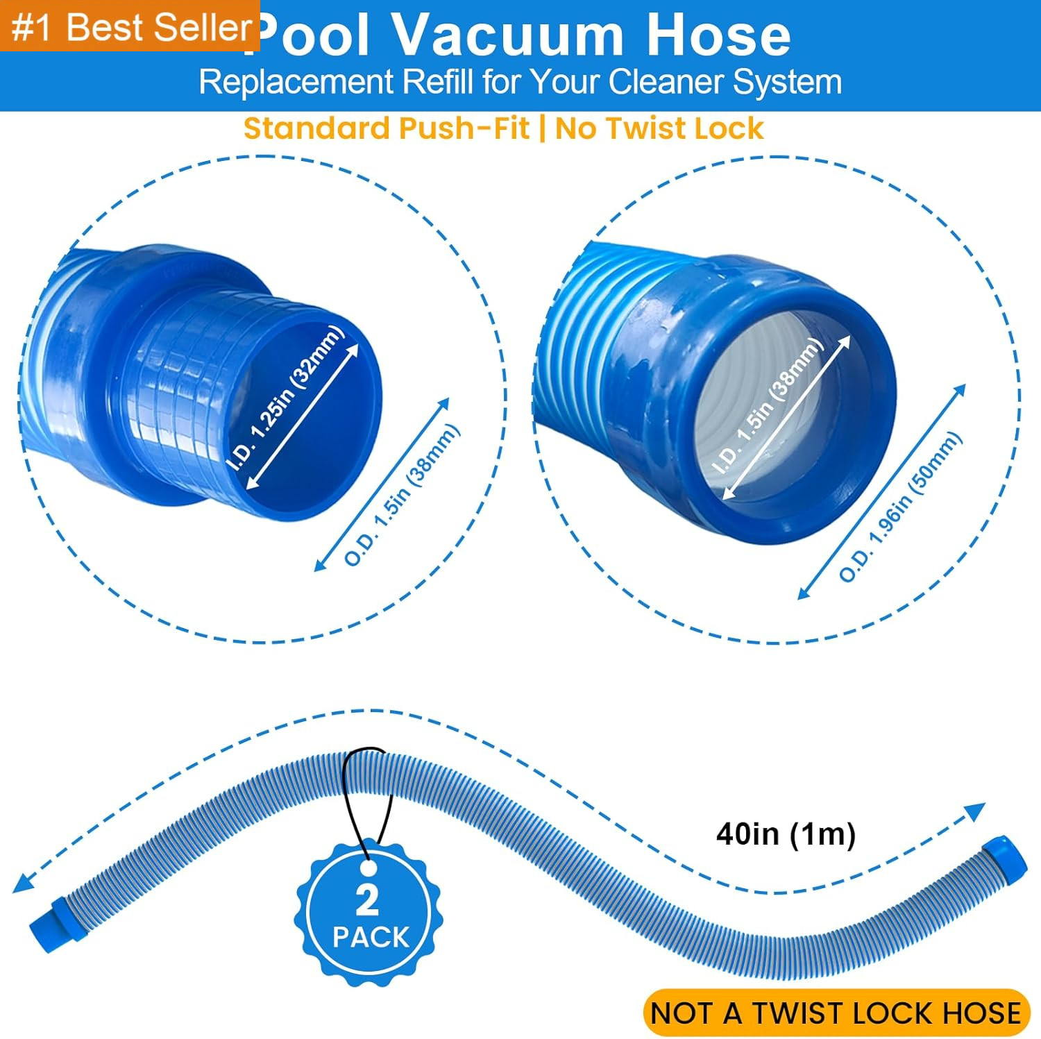 Pool Vacuum Hose 2-Pack, Spare & Replacement, 40&Prime; Flexible Spiral-Wound Hose wit