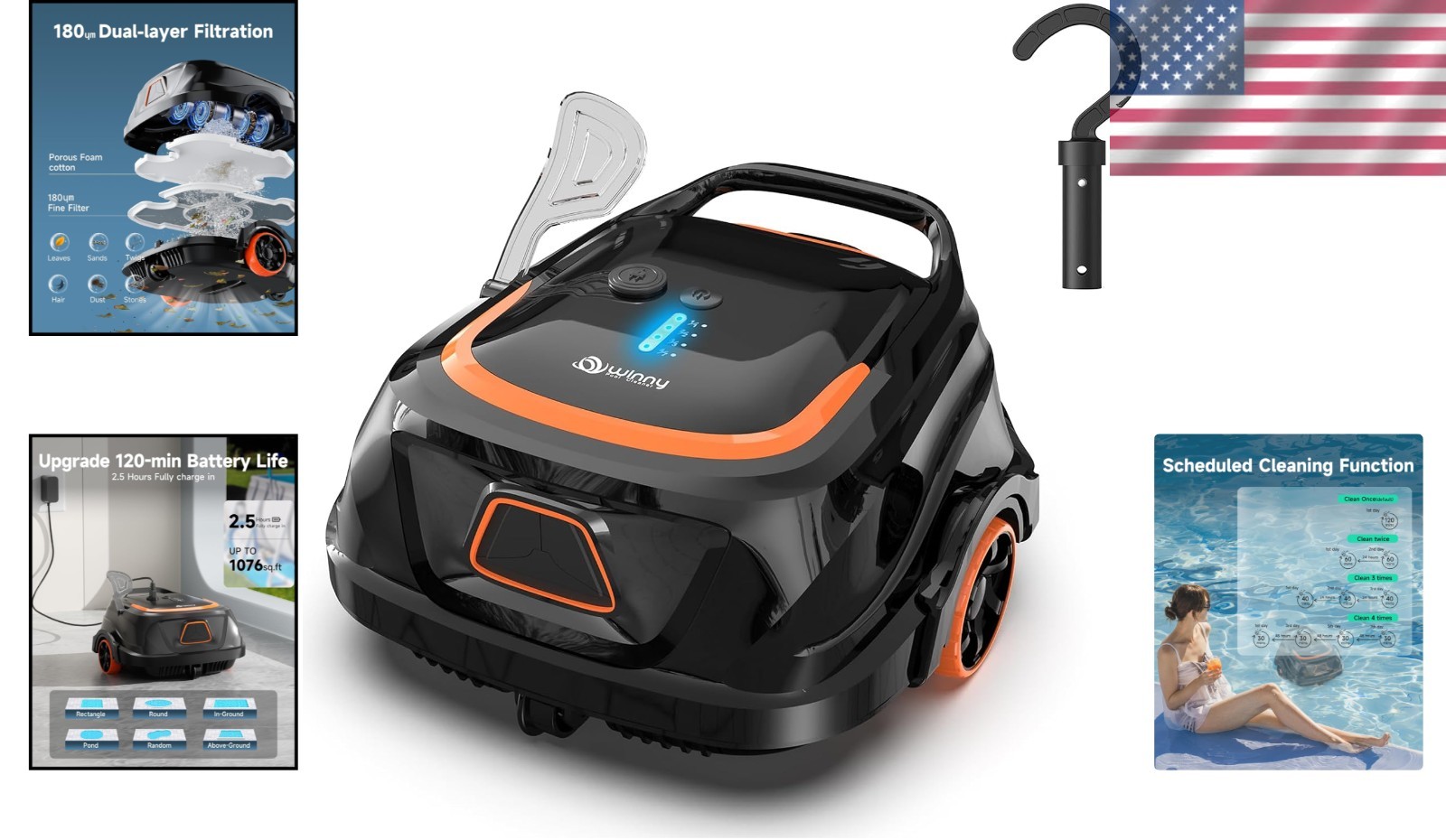 Fast Charging Robotic Pool Vacuum with 7-Day Cycle Timer for Easy Maintenance