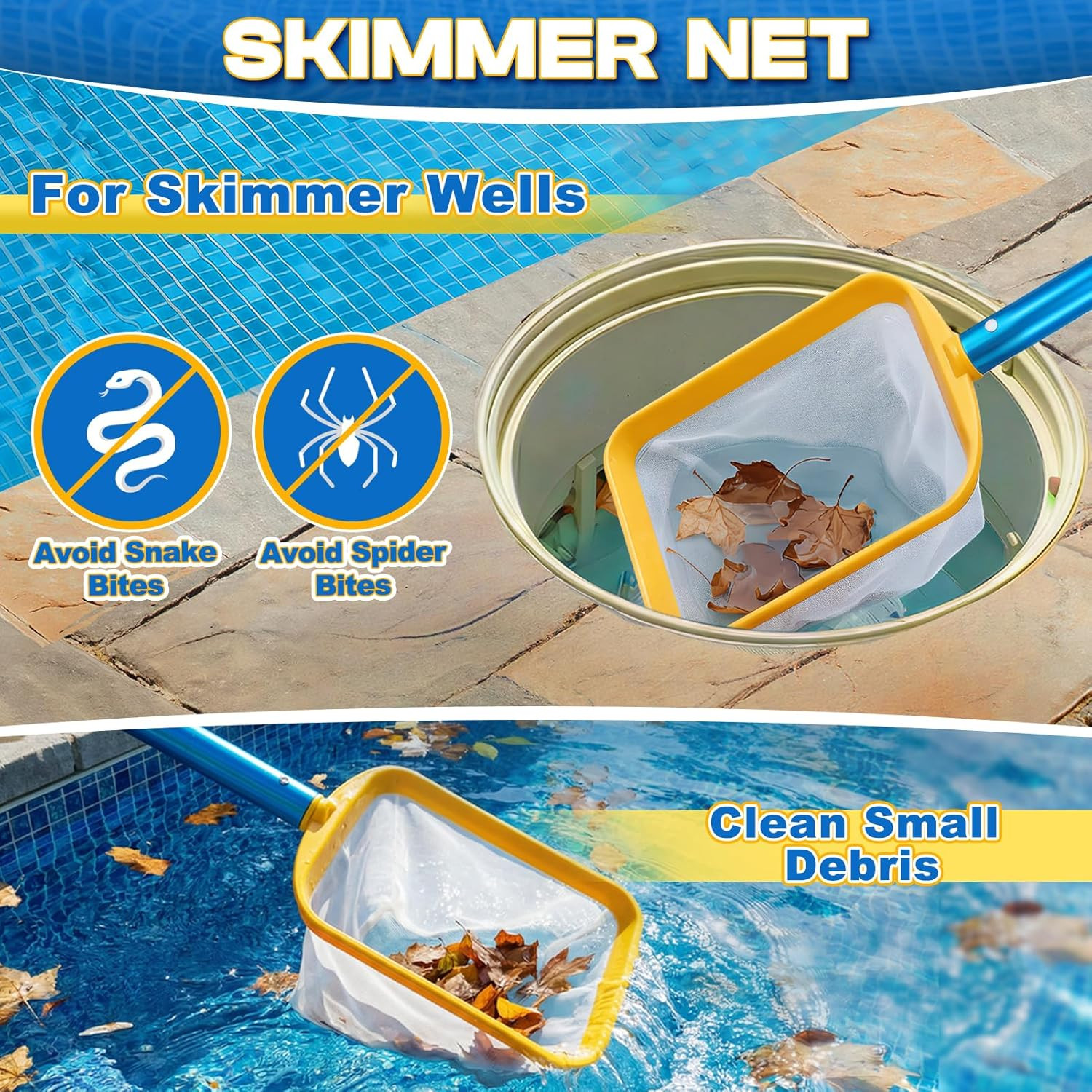50In 2-In-1 Pool Skimmer Tool with Stainless Steel Hook and Detachable Fine Mesh