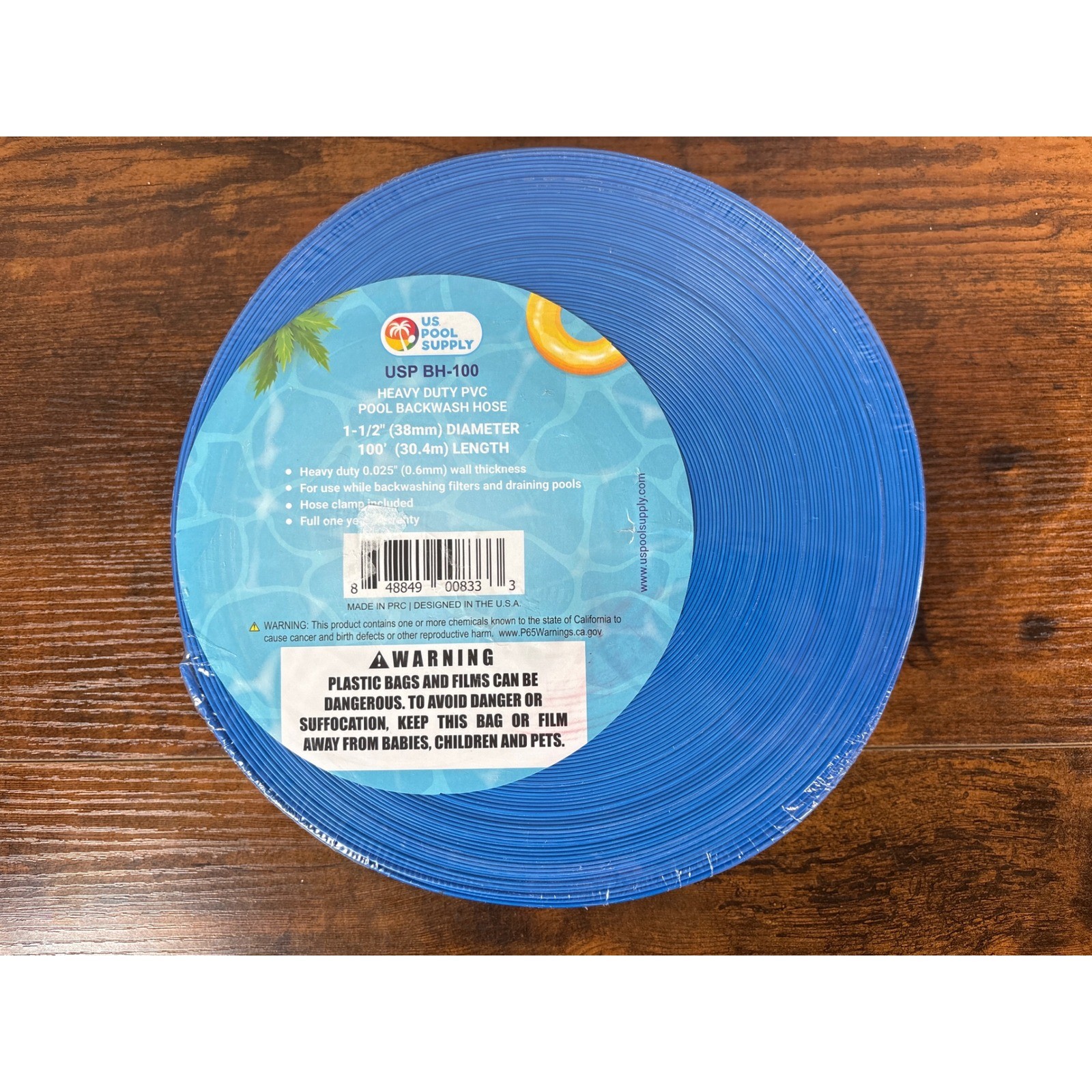 US Pool Supply USP BH-100 Heavy Duty PVC Pool Backwash Hose 1-1/2in x 100ft Blue