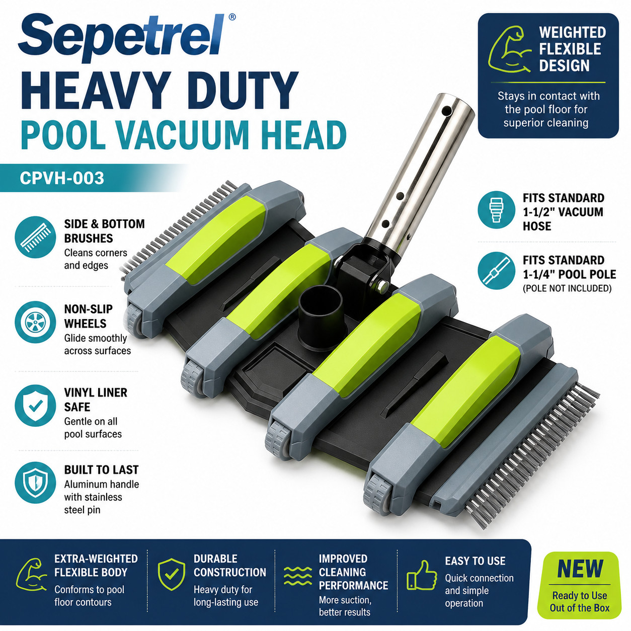 Sepetrel Weighted Flexible Pool Vacuum Head CPVH-003 w/ Wheels & Brushes New
