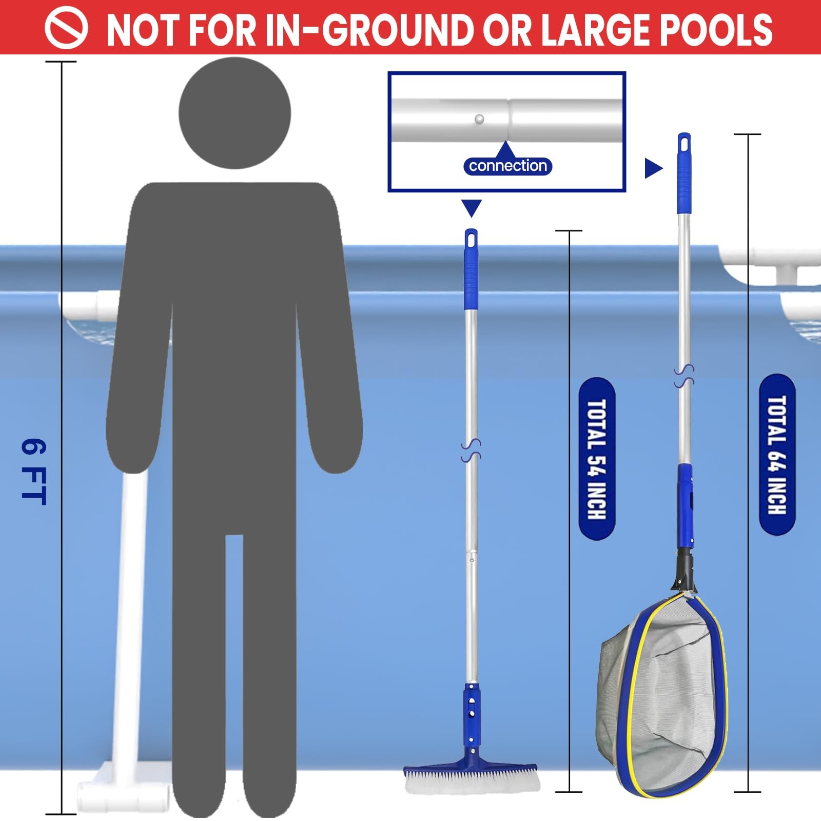 Swimming Pool Cleaning Kit with 14&Prime; Brush, 50&Prime; Pole & Fine Mesh Skimmer Net