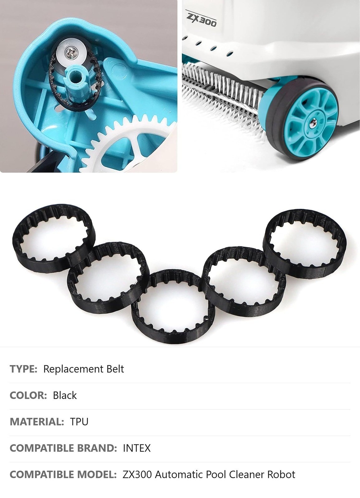 ZX300 Pool Cleaner Replacement Belts, 5 Pcs, TPU, Automatic Cleaner Accessory