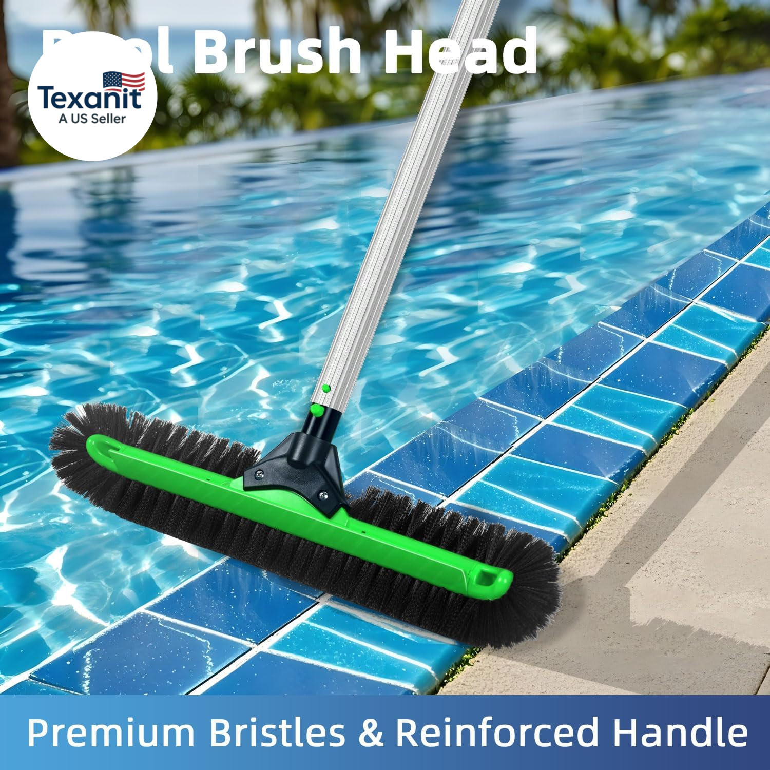 20&Prime; Wide Pool Brush Head, Heavy Duty Pool Scrub Brush with 12-Rows Soft Bristles