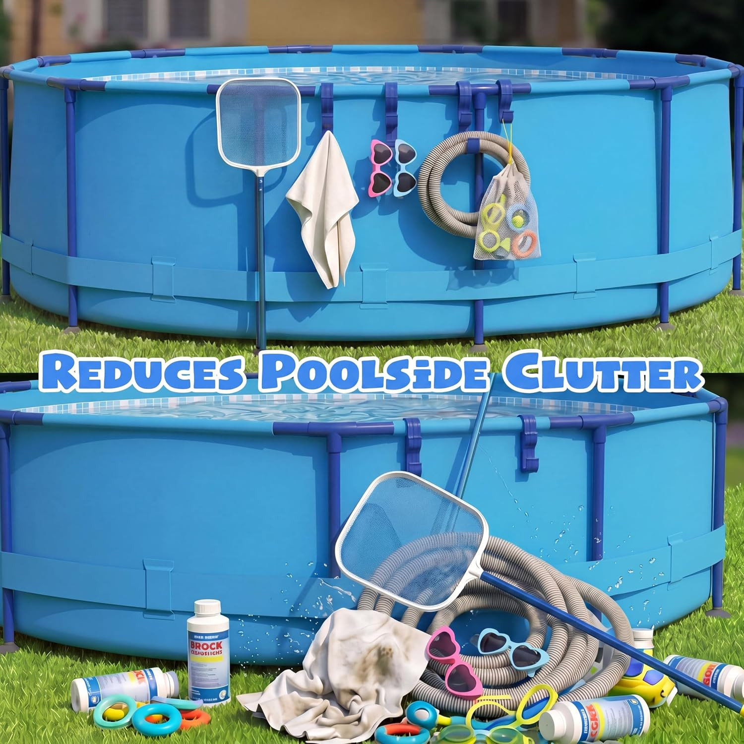 4 Pack Pool Pole Hanger with 3 Hooks, Adjustable Poolside Organizer for above Gr