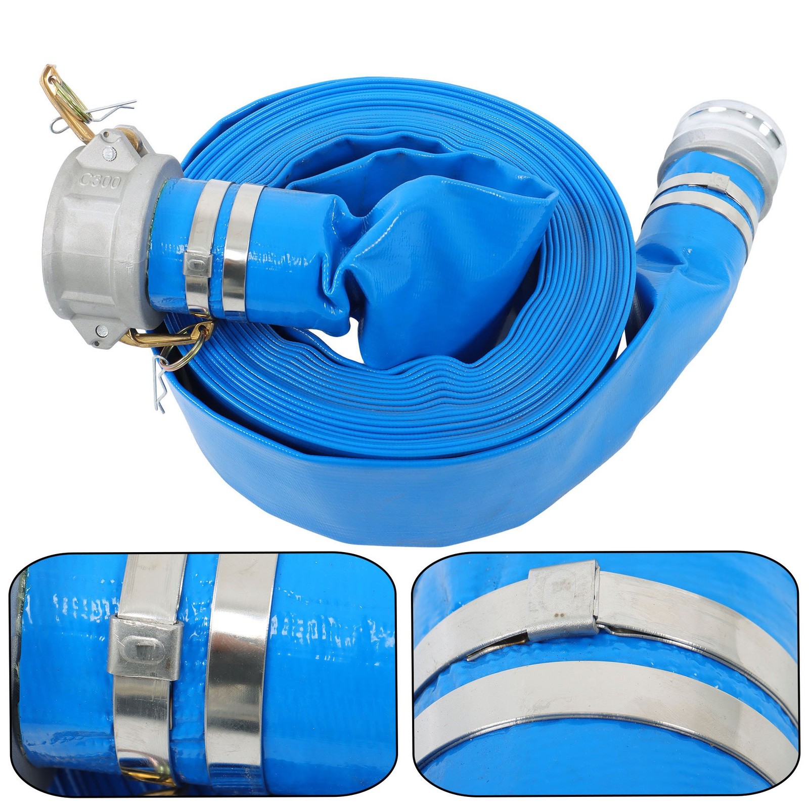 3&Prime; x 50FT PVC Blue Irrigation Discharge Hose W/Aluminum Connectors for Pools