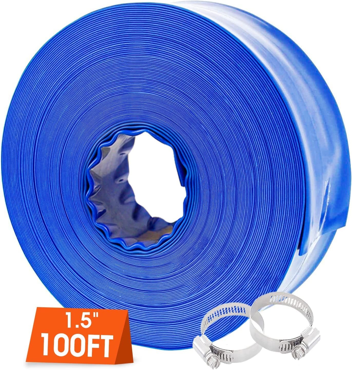 Poolvio 1-1/2&Prime; x 100&prime; Professional Blue Backwash Hose x 100 ft,